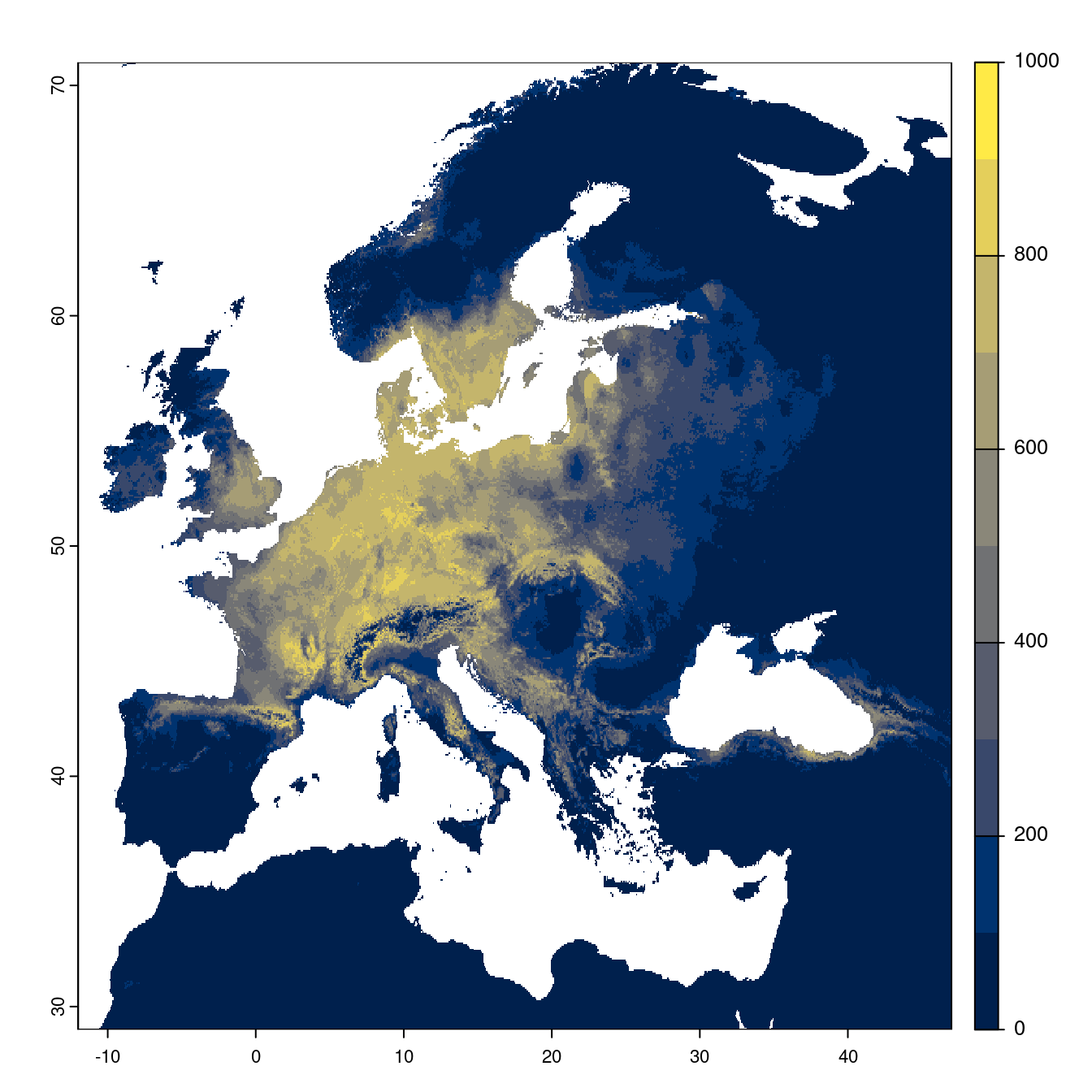 Projection des distributions potentielles futures jusqu'à l'horizon 2100 sous le scénario SSP2-4.5 (modèle d'ensemble).