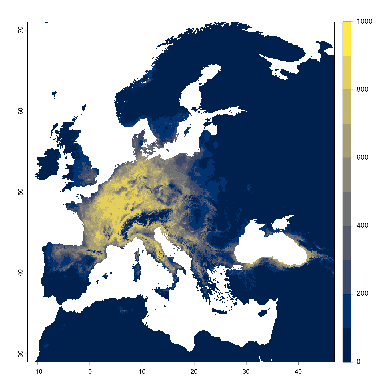 Projection des distributions potentielles futures jusqu'à l'horizon 2100 sous le scénario SSP3-7.0 (modèle d'ensemble).