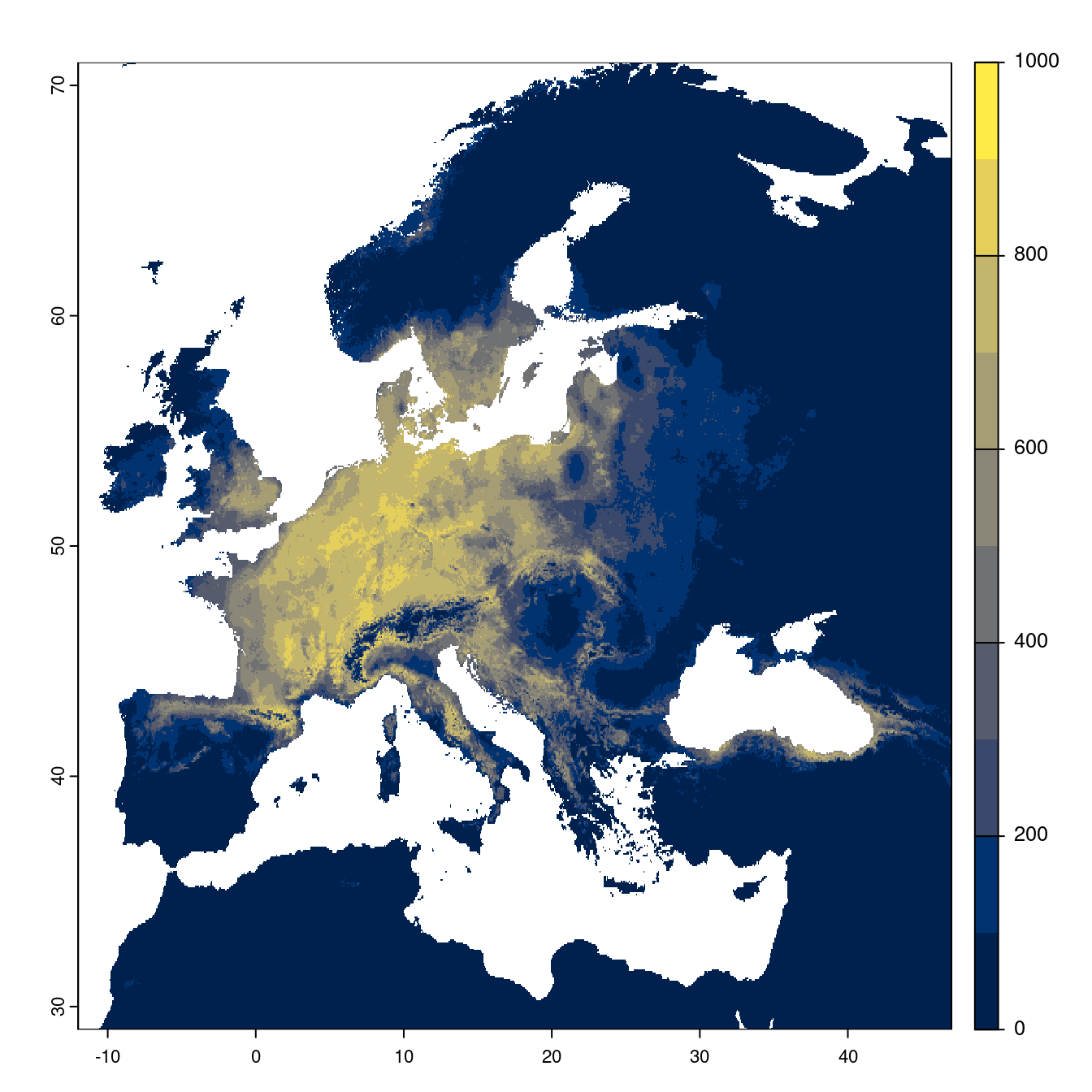 Projection des distributions potentielles futures jusqu'à l'horizon 2100 sous le scénario SSP3-7.0 (modèle d'ensemble).