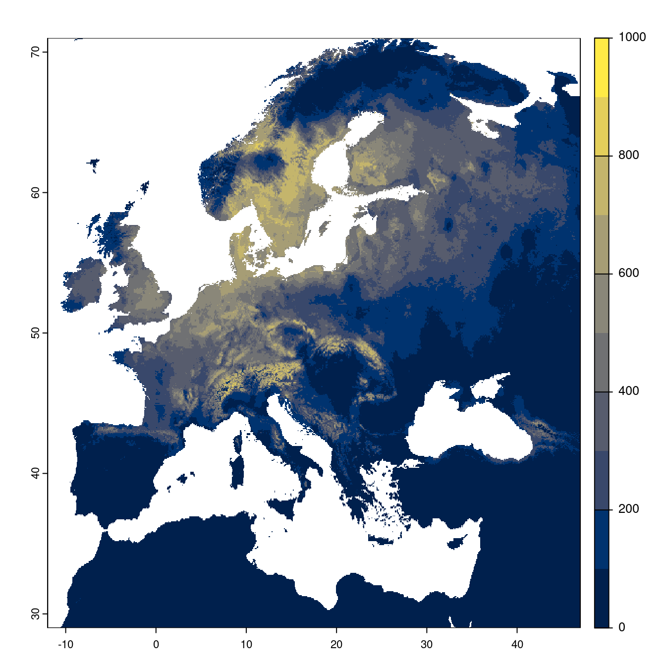 Projection des distributions potentielles futures jusqu'à l'horizon 2100 sous le scénario SSP3-7.0 (modèle d'ensemble).