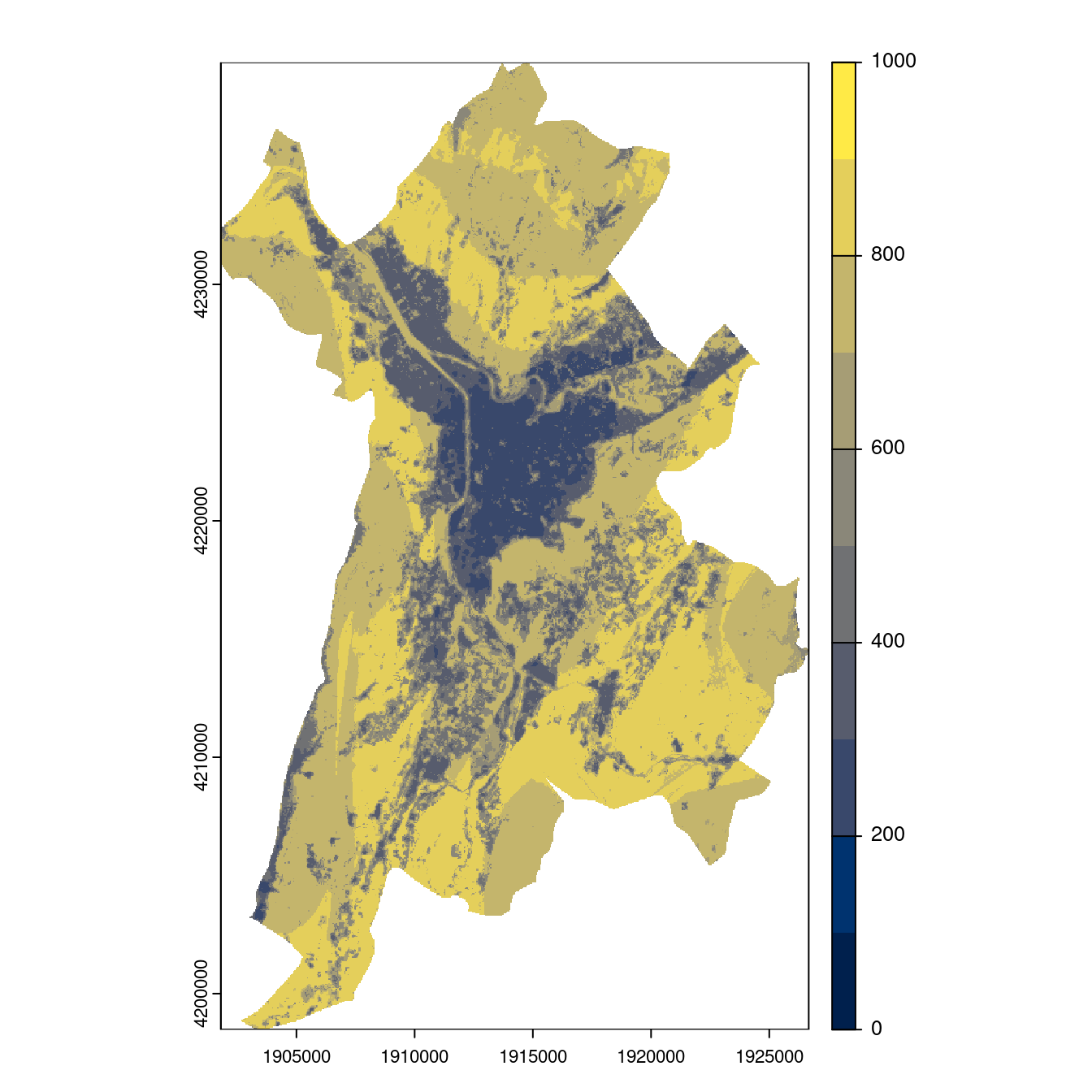 Projection des distributions potentielles contemporaine et futures jusqu'à l'horizon 2100 sous le scénario SSP5-8.5 (modèle d'ensemble, GCM IPSL).