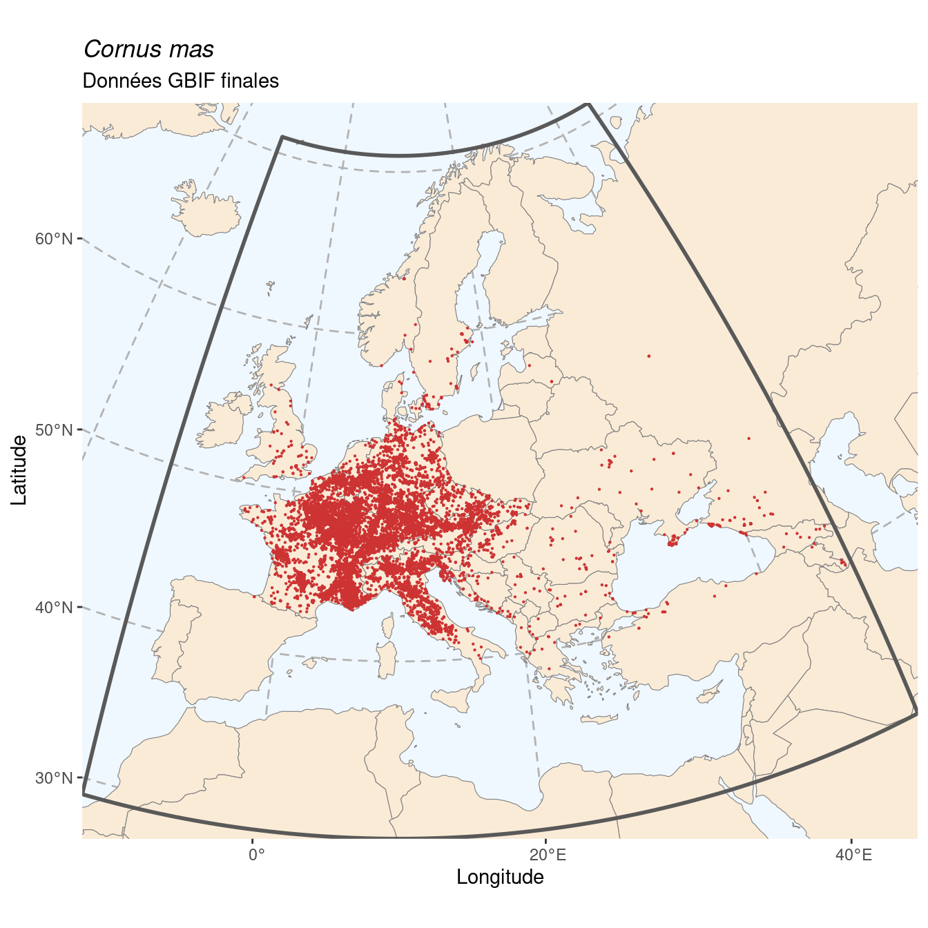 Occurrence de Cornus mas dans la région d'endémisme après sous-échantillonnage éventuel.