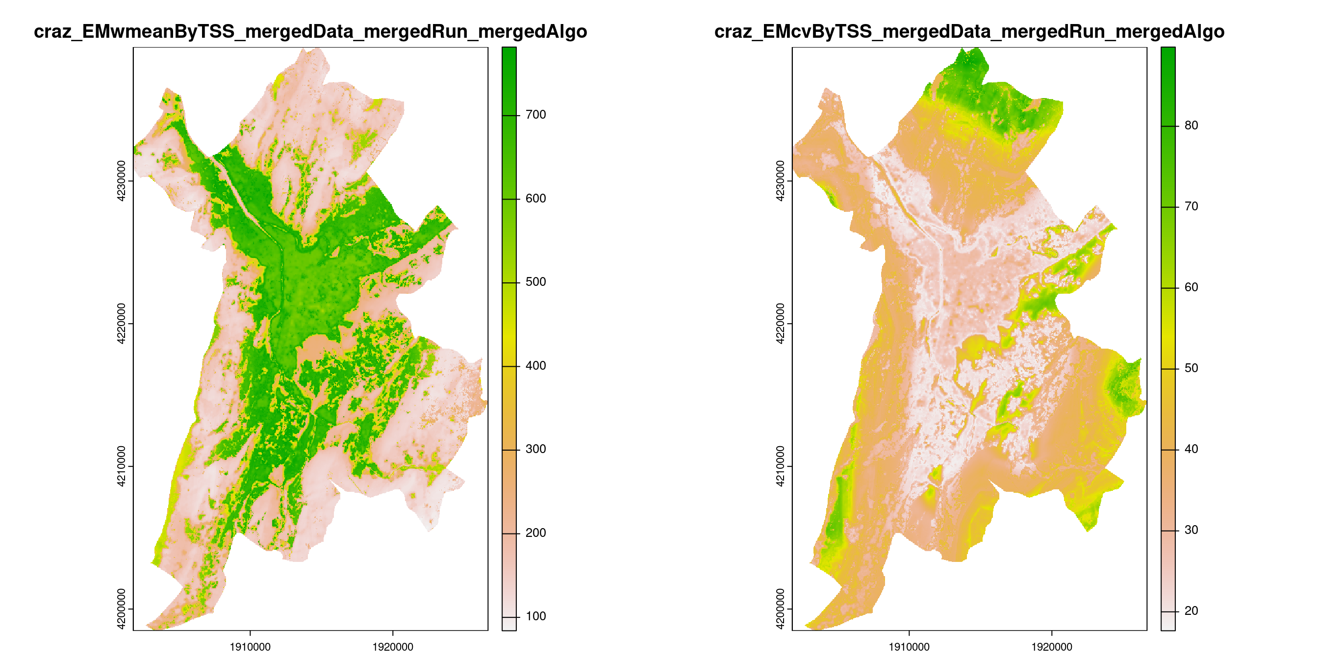 A) Projection de la distribution potentielle contemporaine (modèle d'ensemble) sur la métropole de Grenoble ; B) Incertitude associée à la projection.