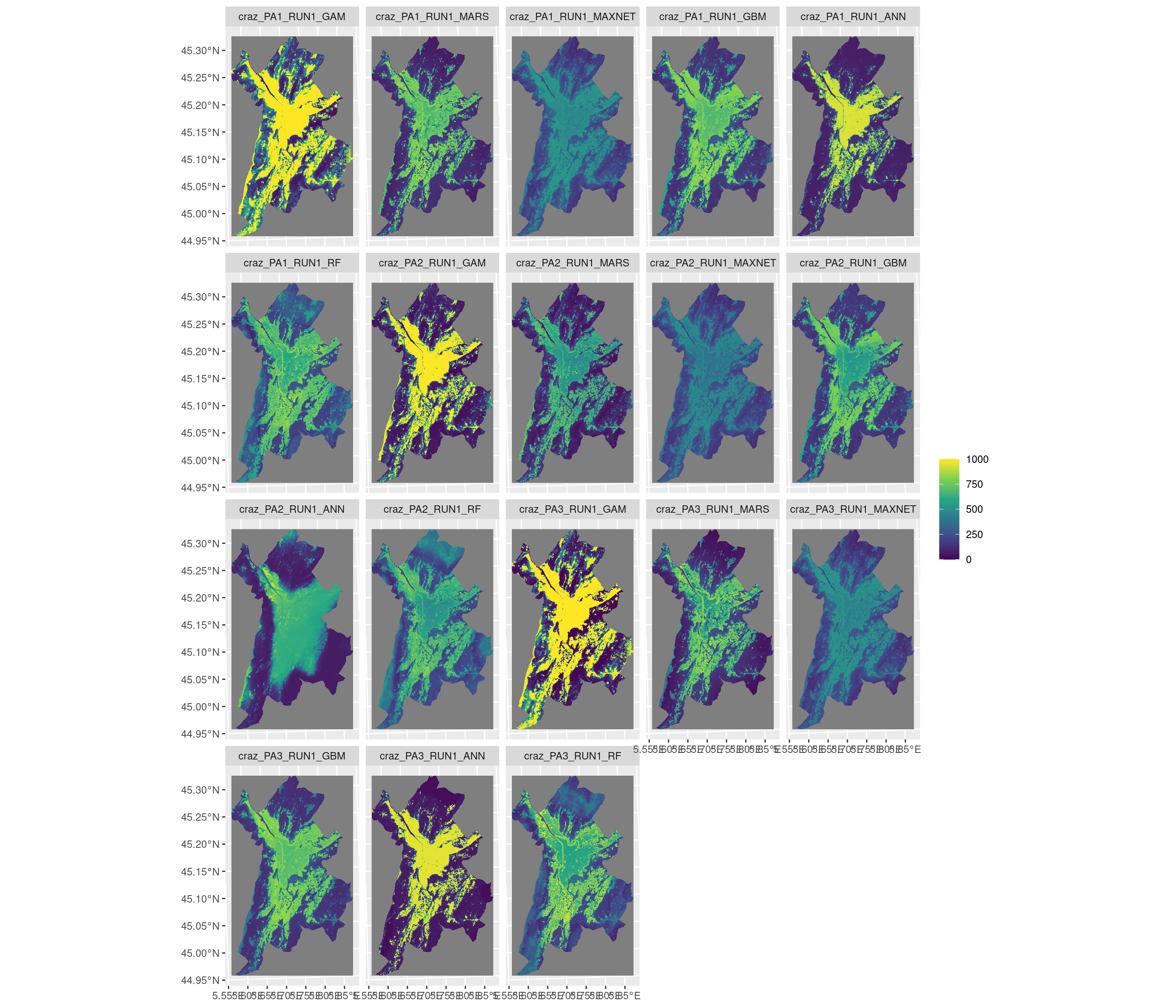 Projection de la distribution potentielle contemporaine sur la métropole de Grenoble, selon les 6 algorithmes et les 3 runs.