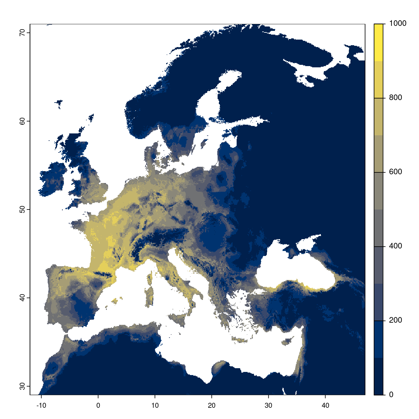 Projection des distributions potentielles futures jusqu'à l'horizon 2100 sous le scénario SSP1-2.6 (modèle d'ensemble).