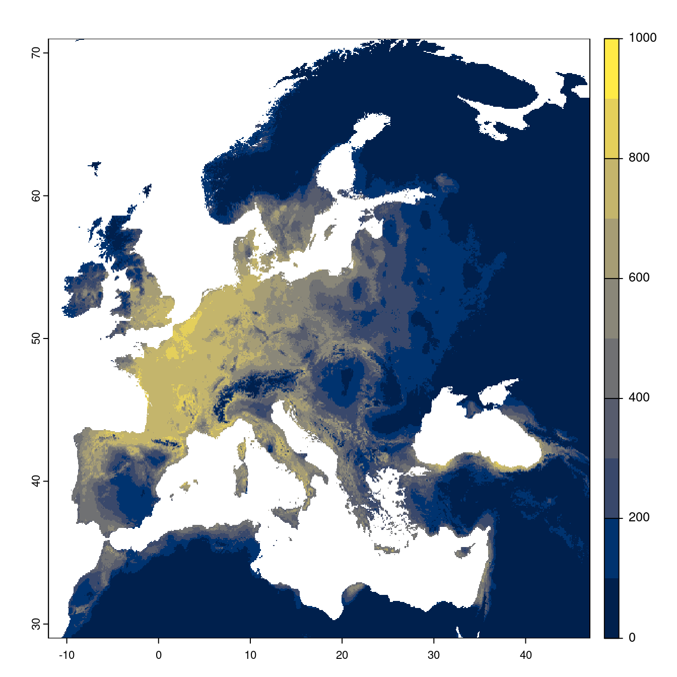 Projection des distributions potentielles futures jusqu'à l'horizon 2100 sous le scénario SSP2-4.5 (modèle d'ensemble).