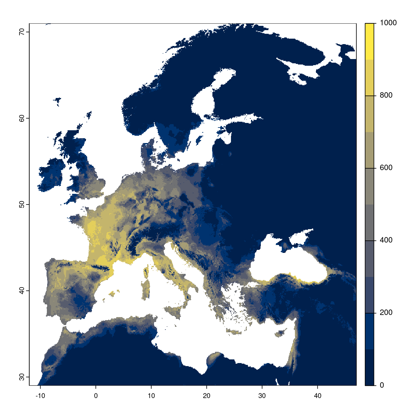 Projection des distributions potentielles futures jusqu'à l'horizon 2100 sous le scénario SSP3-7.0 (modèle d'ensemble).