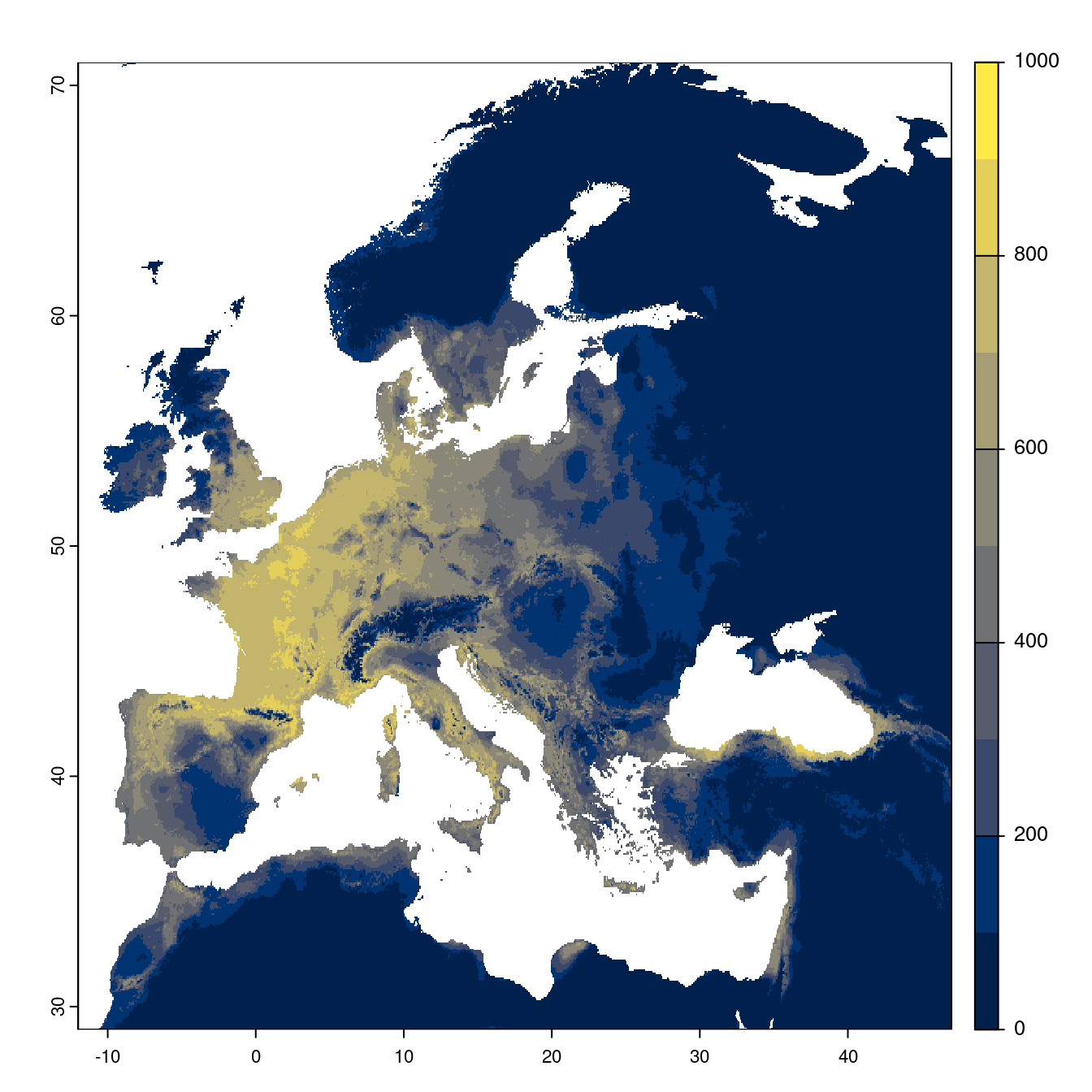 Projection des distributions potentielles futures jusqu'à l'horizon 2100 sous le scénario SSP5-8.5 (modèle d'ensemble).
