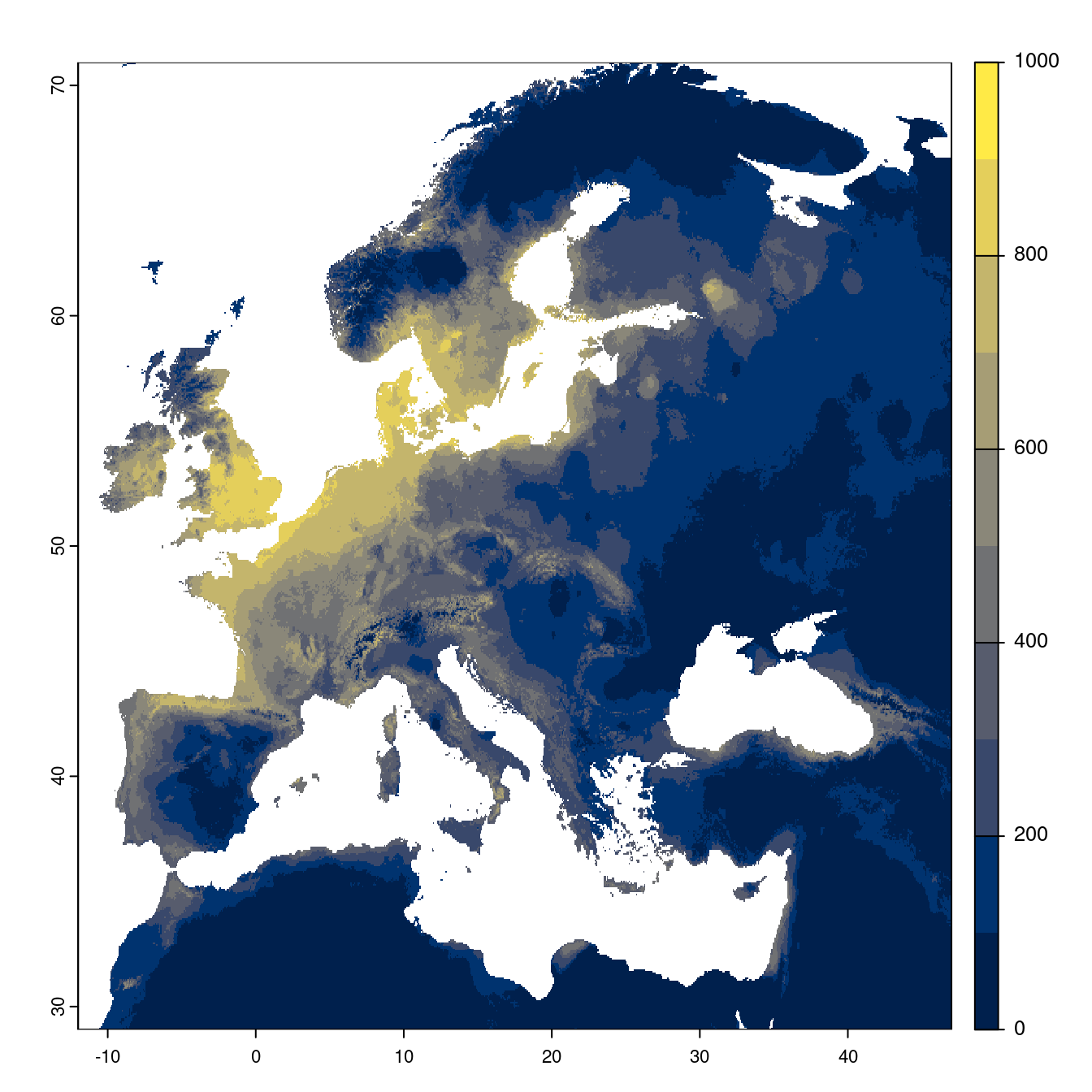 Projection des distributions potentielles futures jusqu'à l'horizon 2100 sous le scénario SSP5-8.5 (modèle d'ensemble).