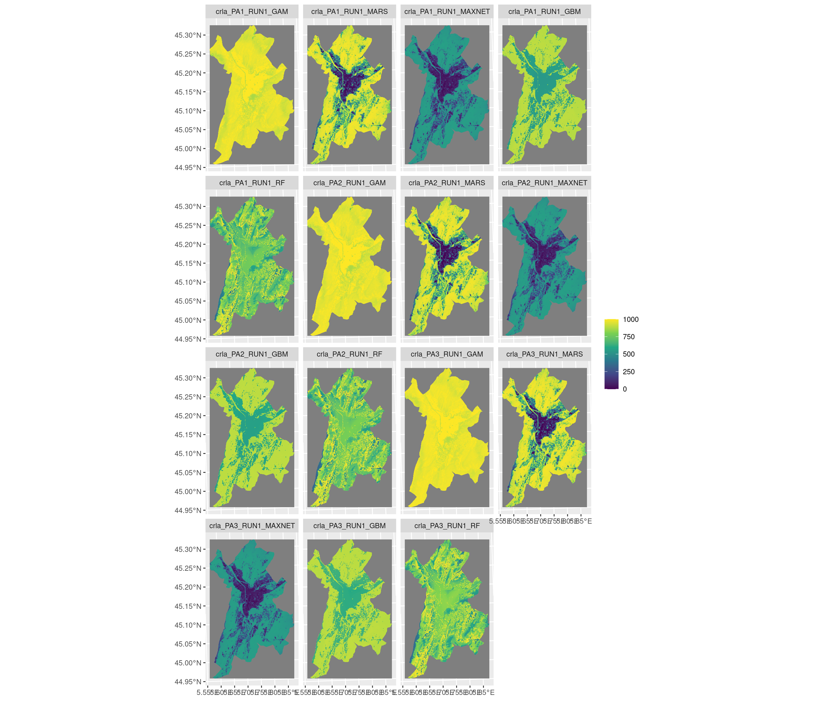 Projection de la distribution potentielle contemporaine sur la métropole de Grenoble, selon les 6 algorithmes et les 3 runs.