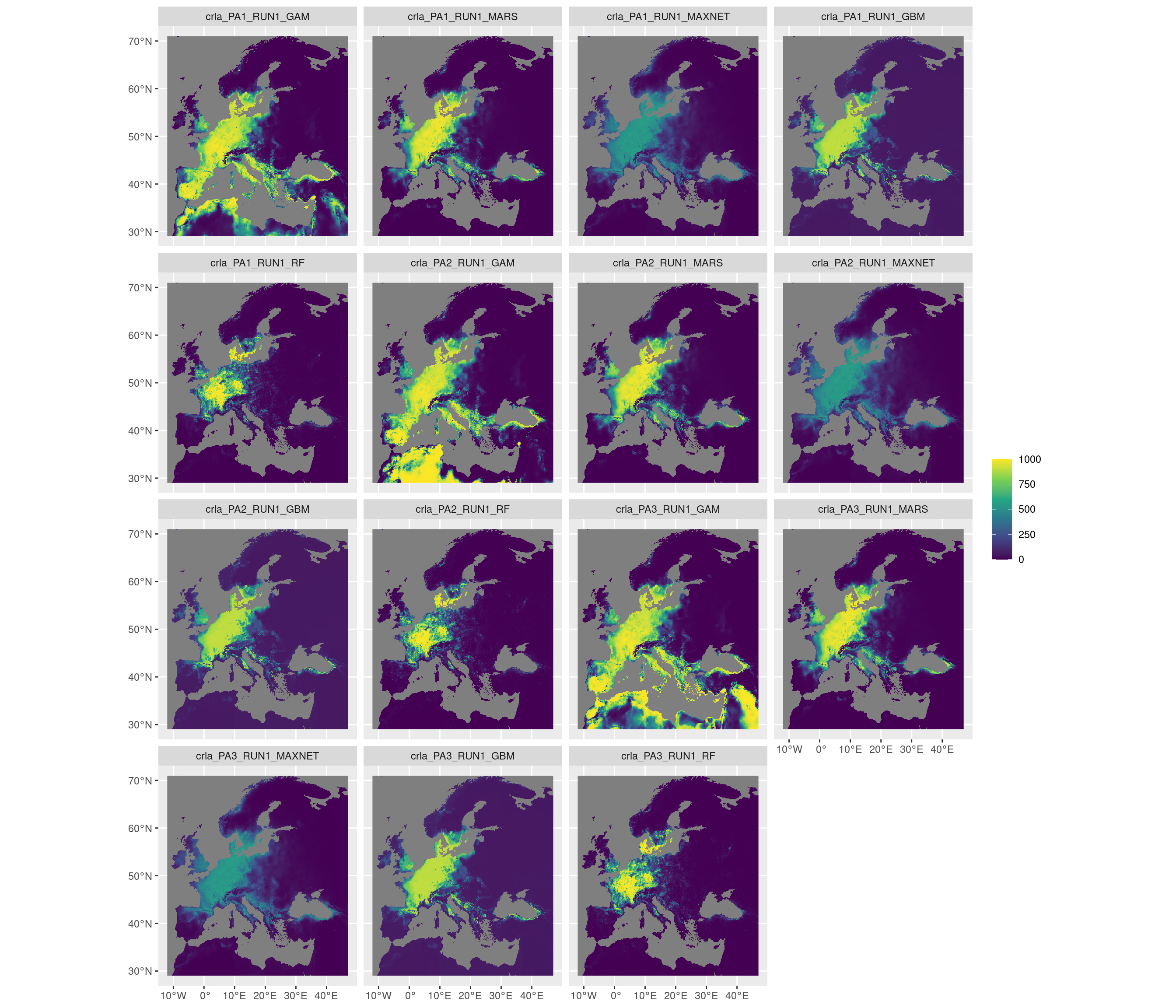 Projection de la distribution potentielle contemporaine sur l'Europe, selon les 6 algorithmes et les 3 runs.