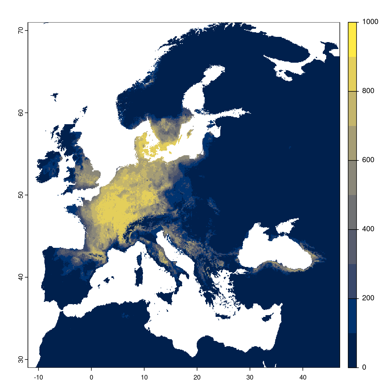 Projection des distributions potentielles futures jusqu'à l'horizon 2100 sous le scénario SSP3-7.0 (modèle d'ensemble).
