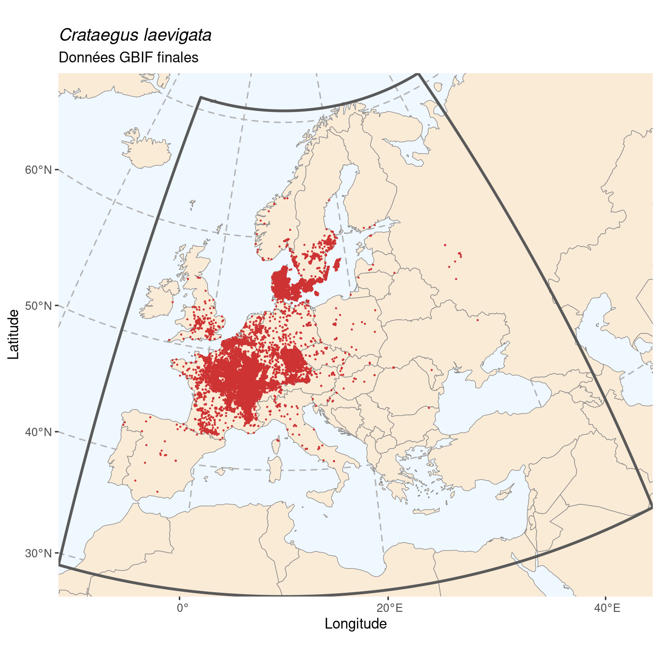 Occurrence de Crataegus laevigata dans la région d'endémisme après sous-échantillonnage éventuel.