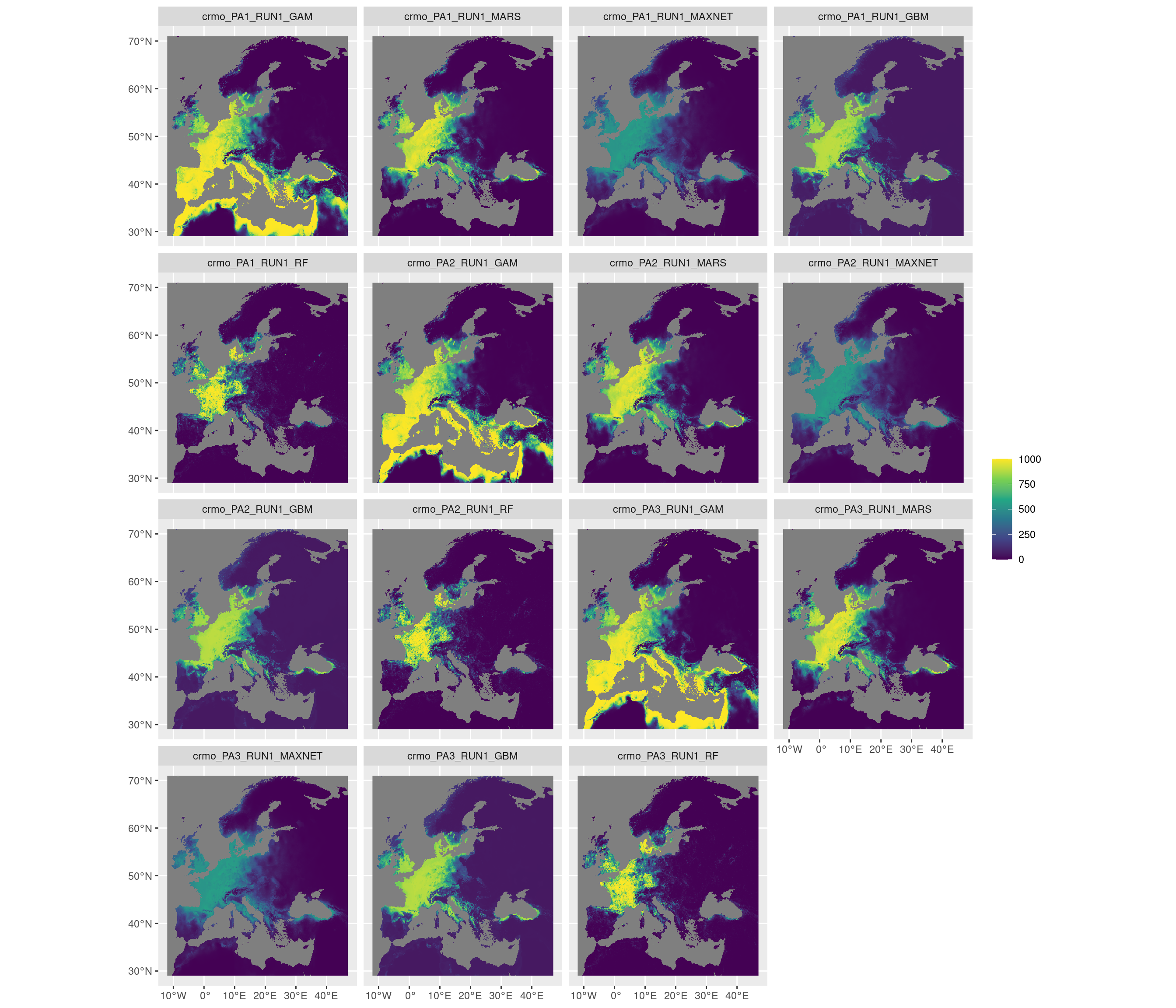 Projection de la distribution potentielle contemporaine sur l'Europe, selon les 6 algorithmes et les 3 runs.
