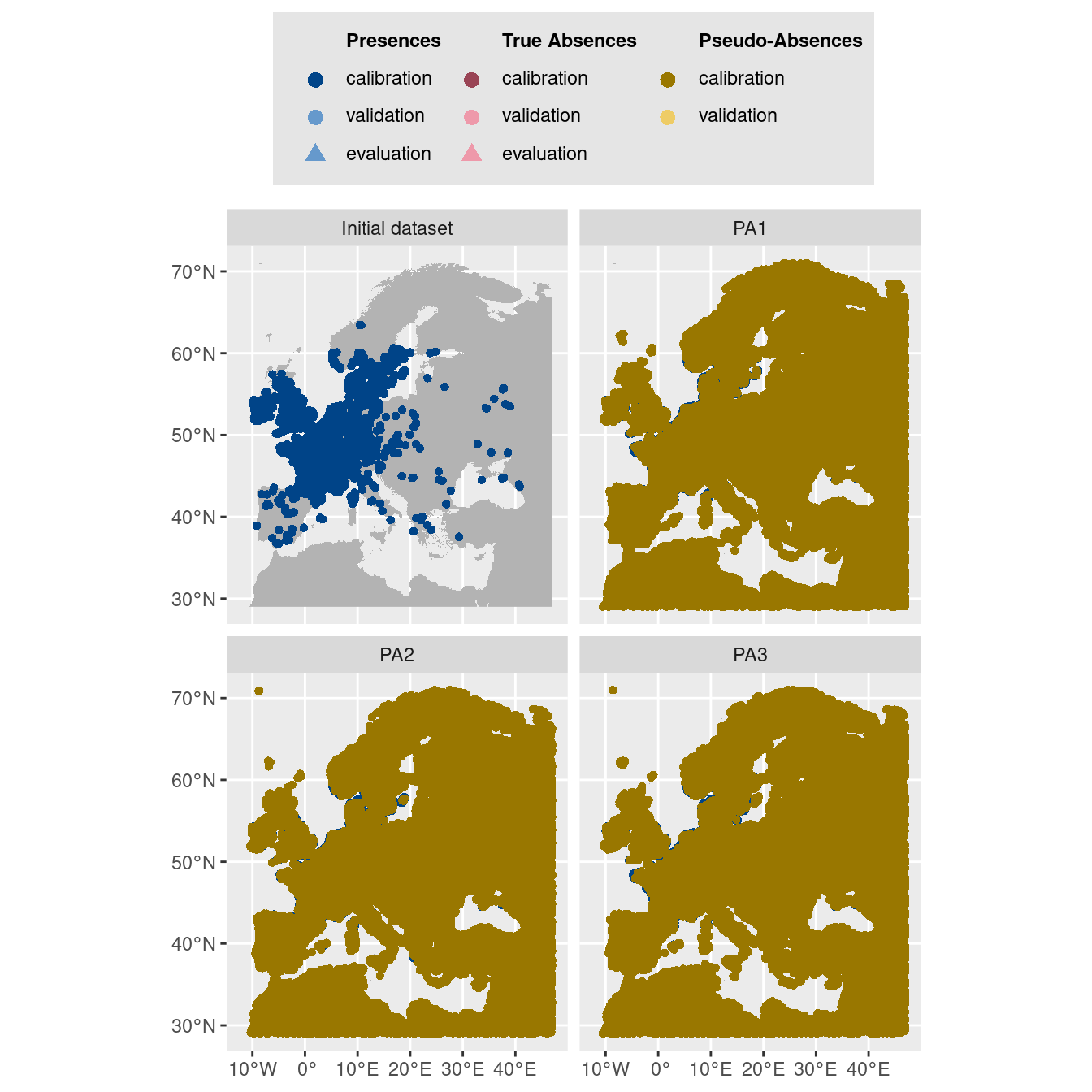 Les données d'occurrences (en haut à gauche) et les trois jeux de données aléatoires de pseudo-absences.
