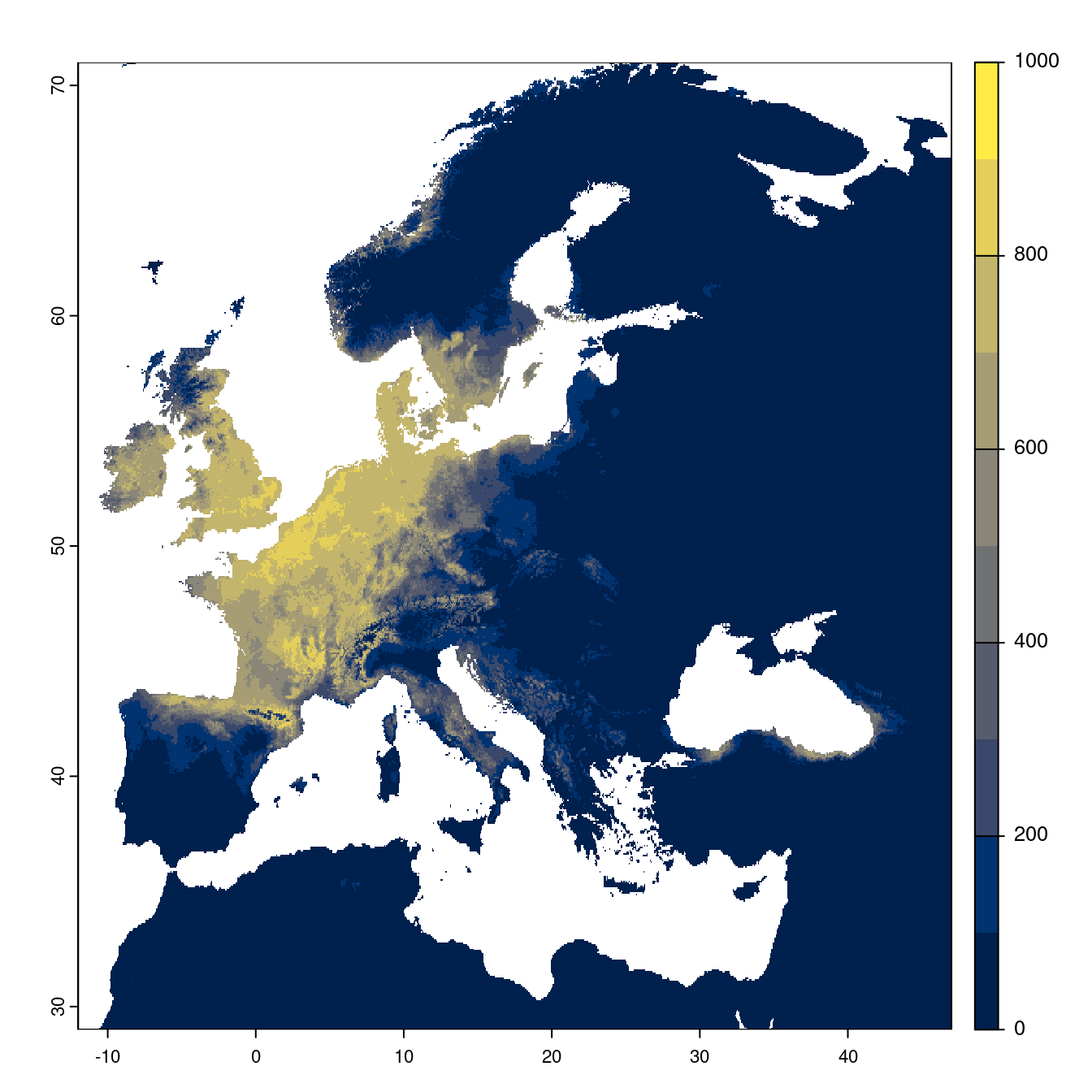 Projection des distributions potentielles futures jusqu'à l'horizon 2100 sous le scénario SSP3-7.0 (modèle d'ensemble).