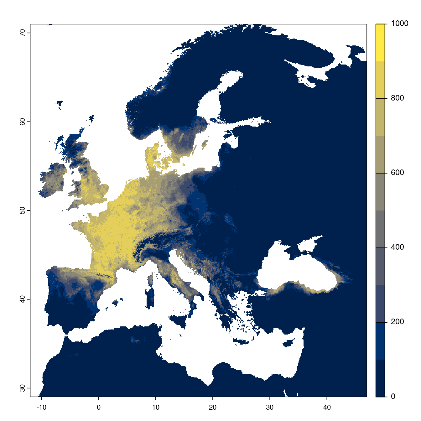 Projection des distributions potentielles futures jusqu'à l'horizon 2100 sous le scénario SSP5-8.5 (modèle d'ensemble).
