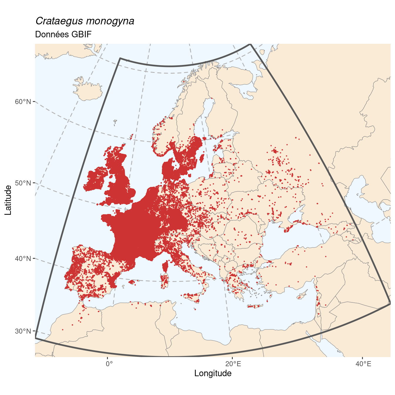 Occurrence de Crataegus monogyna dans la région d'endémisme.