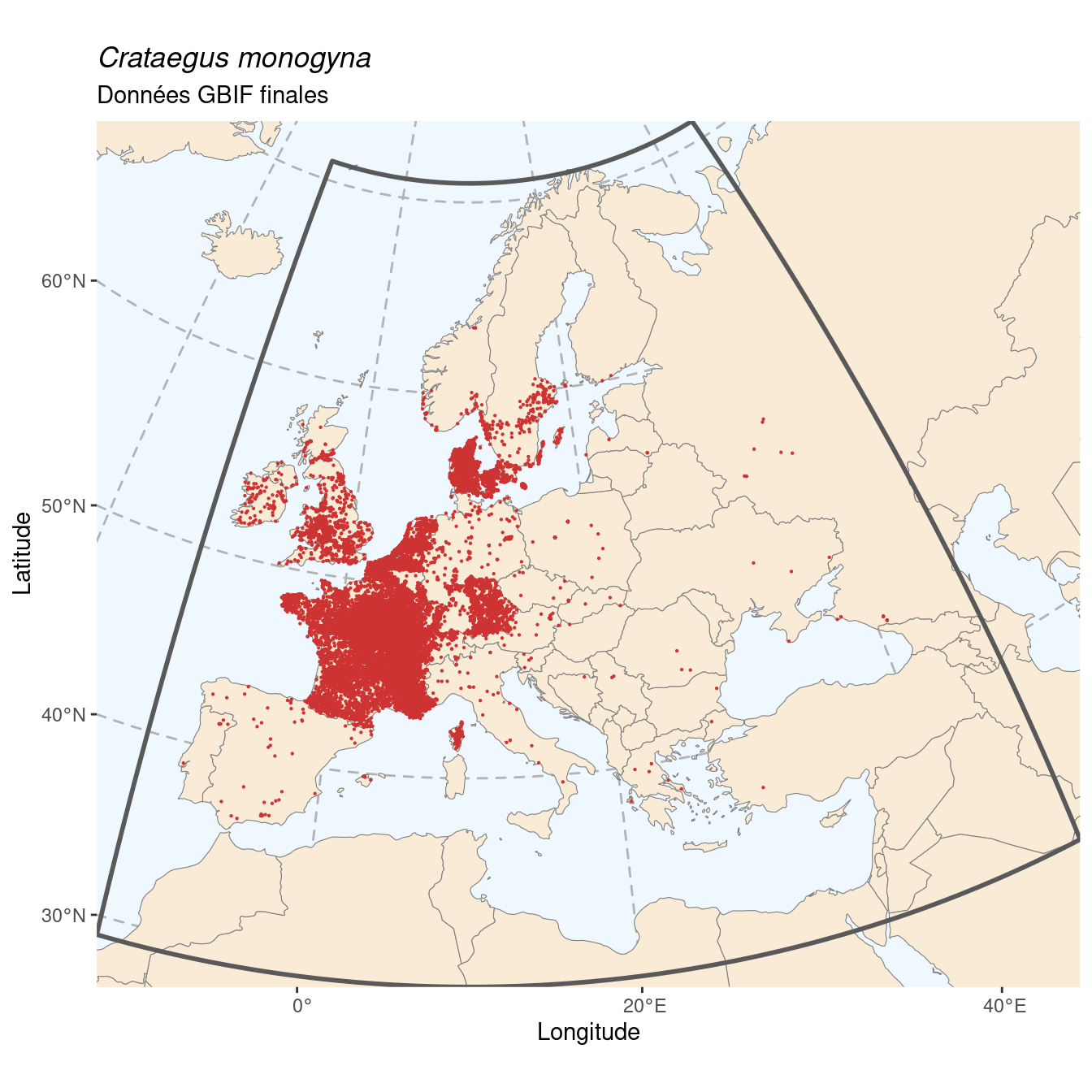 Occurrence de Crataegus monogyna dans la région d'endémisme après sous-échantillonnage éventuel.