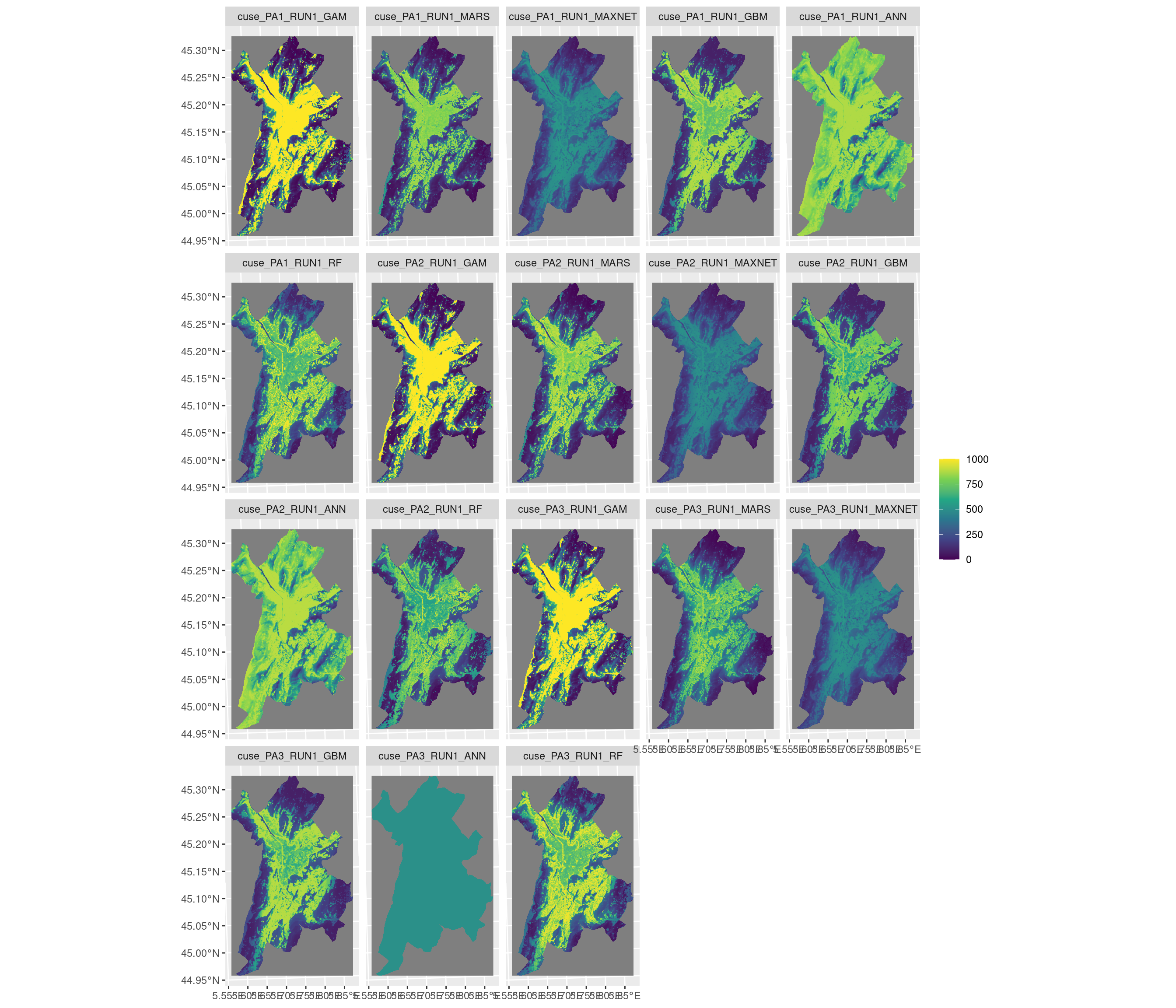 Projection de la distribution potentielle contemporaine sur la métropole de Grenoble, selon les 6 algorithmes et les 3 runs.