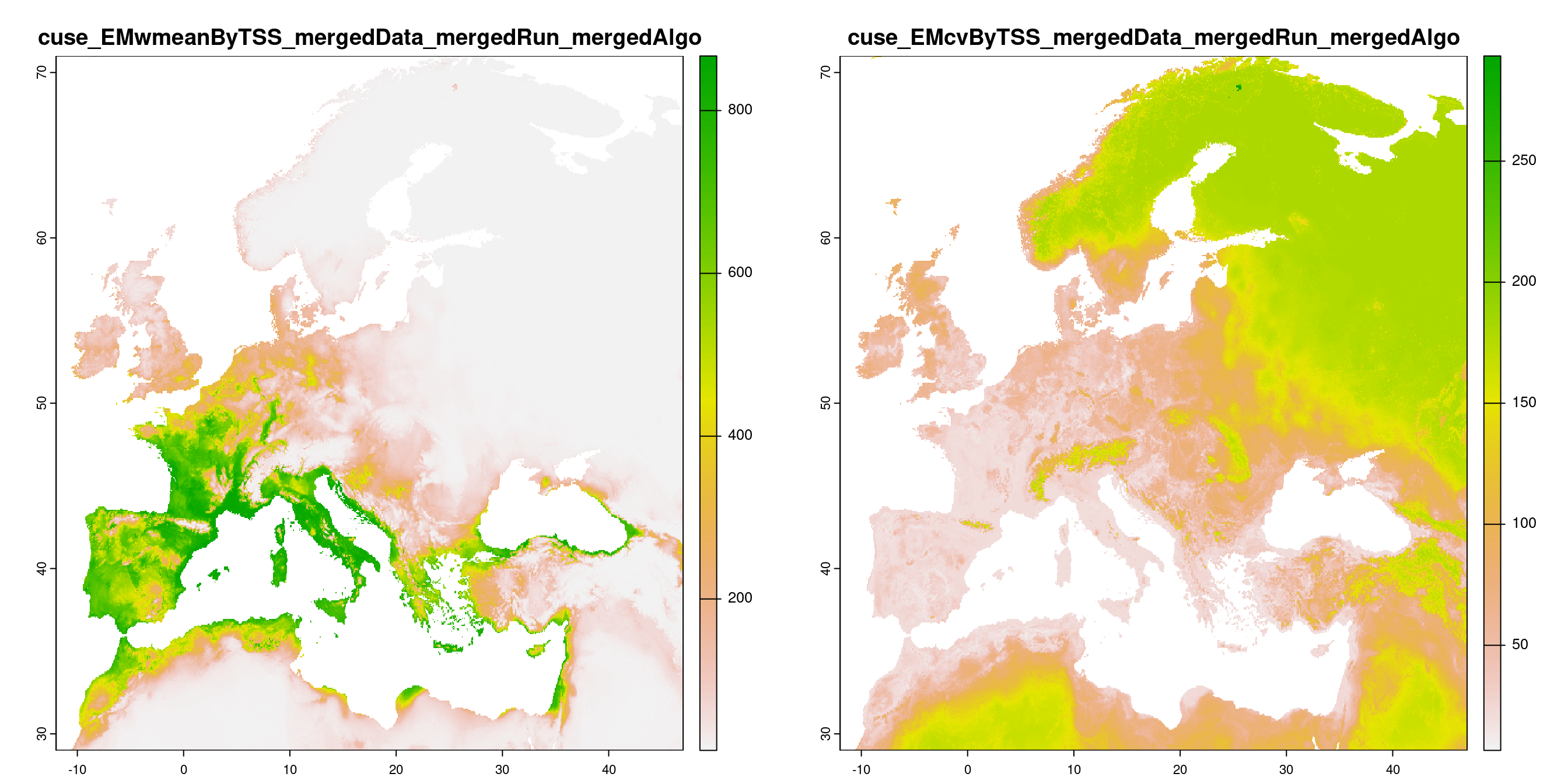 A) Projection de la distribution potentielle contemporaine (modèle d'ensemble) ; B) Incertitude associée à la projection.