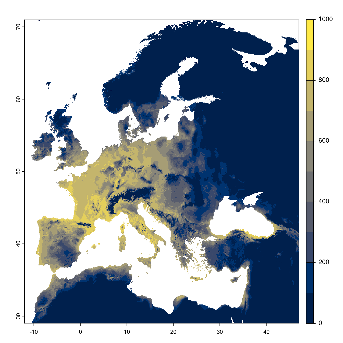 Projection des distributions potentielles futures jusqu'à l'horizon 2100 sous le scénario SSP1-2.6 (modèle d'ensemble).
