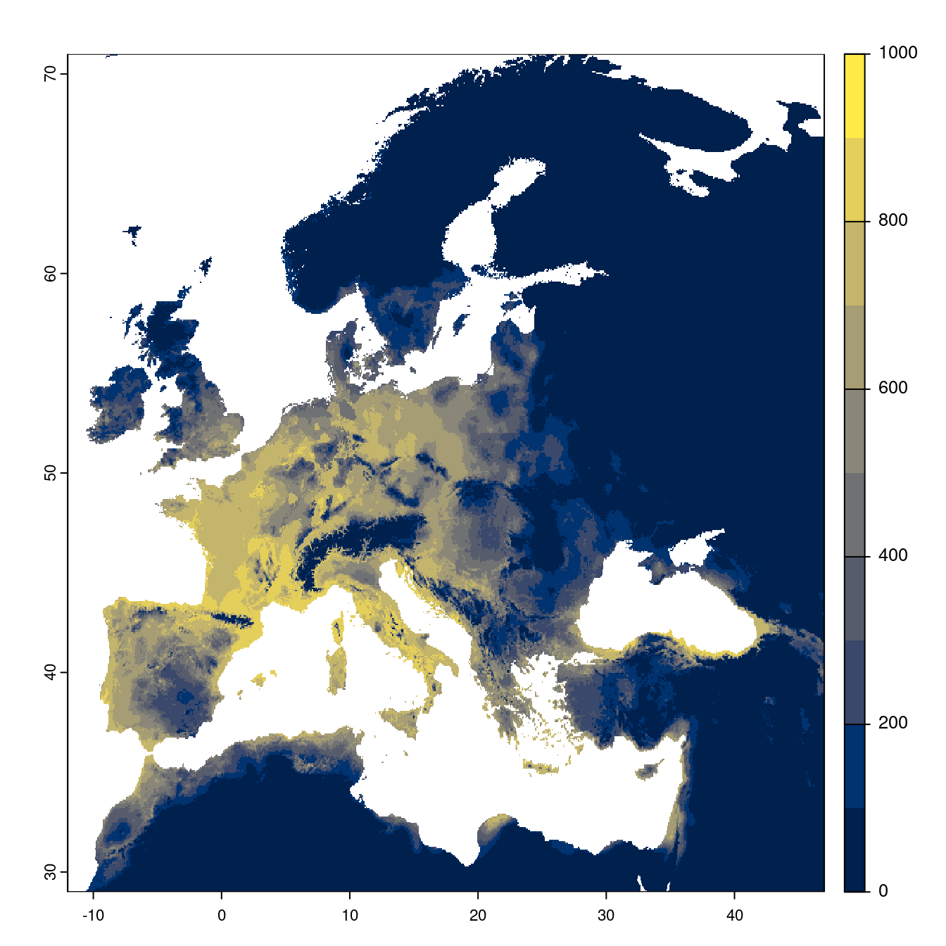 Projection des distributions potentielles futures jusqu'à l'horizon 2100 sous le scénario SSP2-4.5 (modèle d'ensemble).