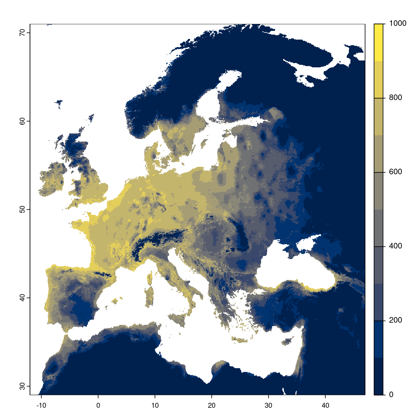Projection des distributions potentielles futures jusqu'à l'horizon 2100 sous le scénario SSP2-4.5 (modèle d'ensemble).