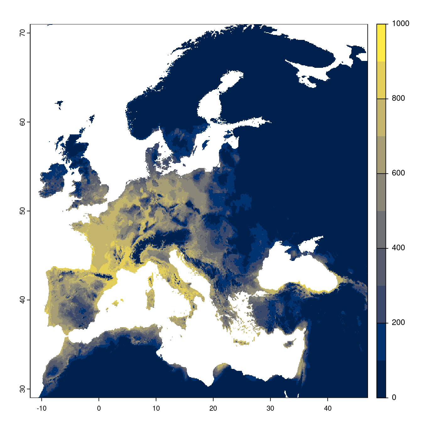 Projection des distributions potentielles futures jusqu'à l'horizon 2100 sous le scénario SSP3-7.0 (modèle d'ensemble).