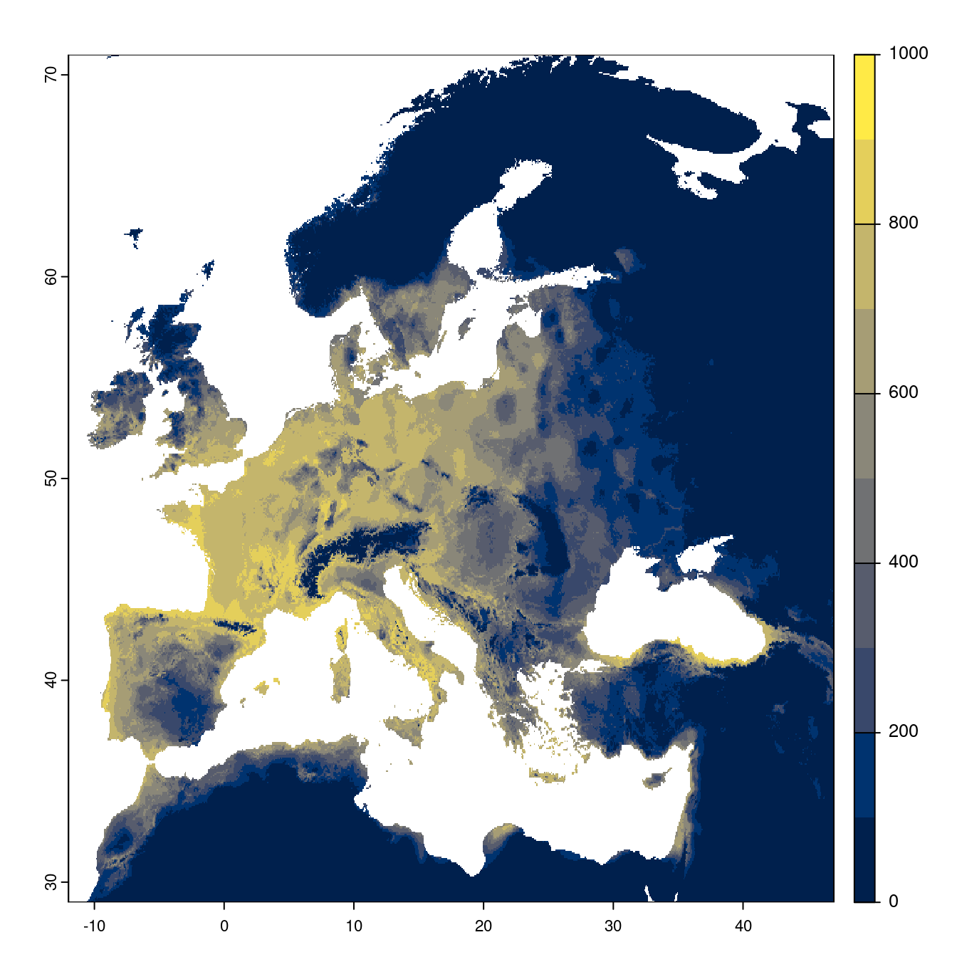 Projection des distributions potentielles futures jusqu'à l'horizon 2100 sous le scénario SSP3-7.0 (modèle d'ensemble).