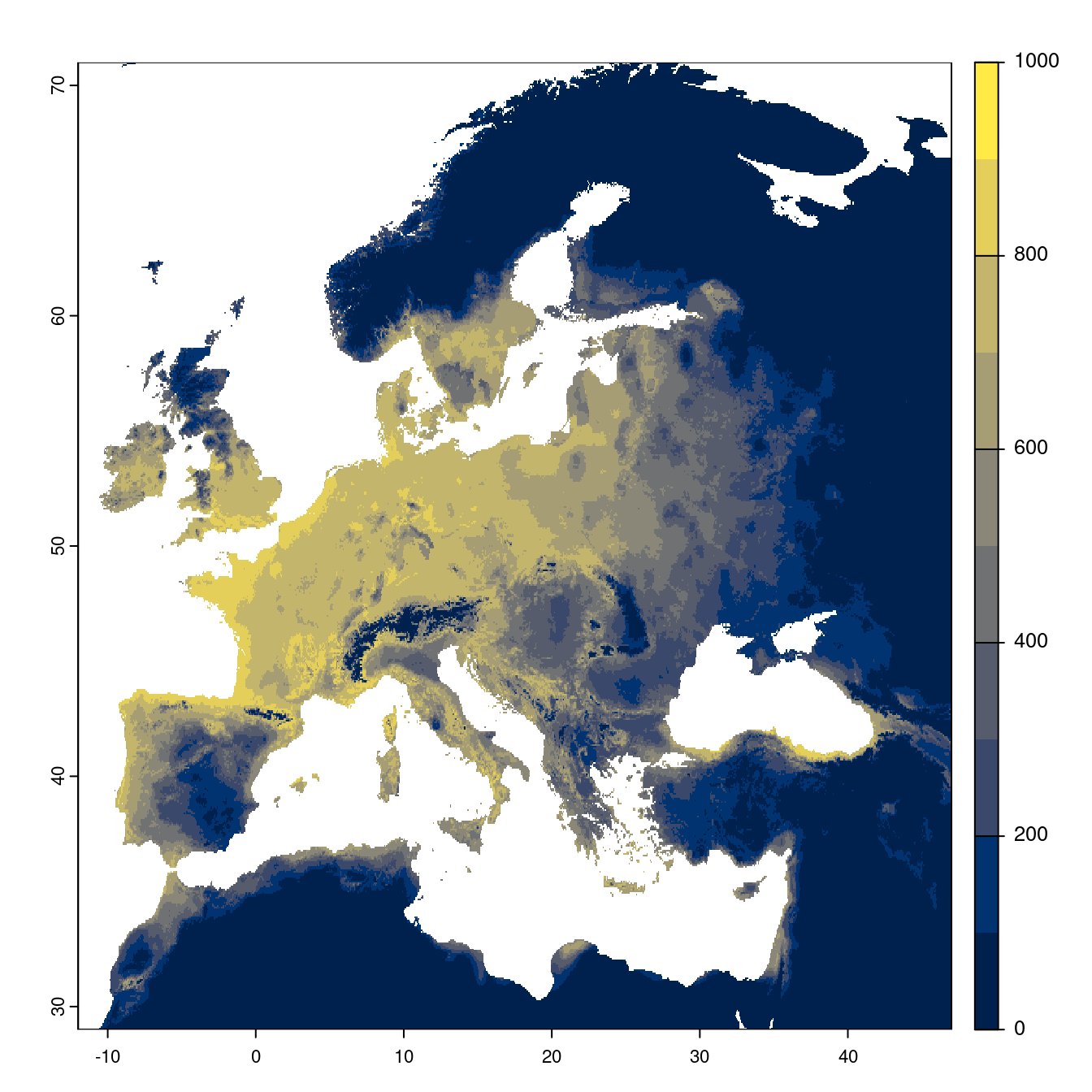 Projection des distributions potentielles futures jusqu'à l'horizon 2100 sous le scénario SSP3-7.0 (modèle d'ensemble).