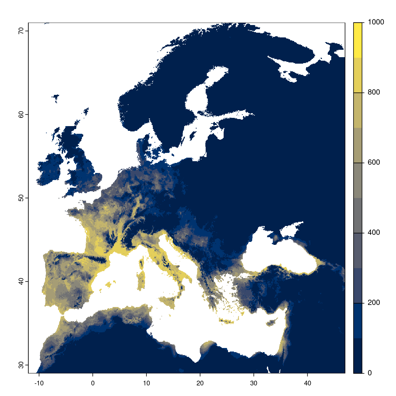 Projection des distributions potentielles futures jusqu'à l'horizon 2100 sous le scénario SSP5-8.5 (modèle d'ensemble).