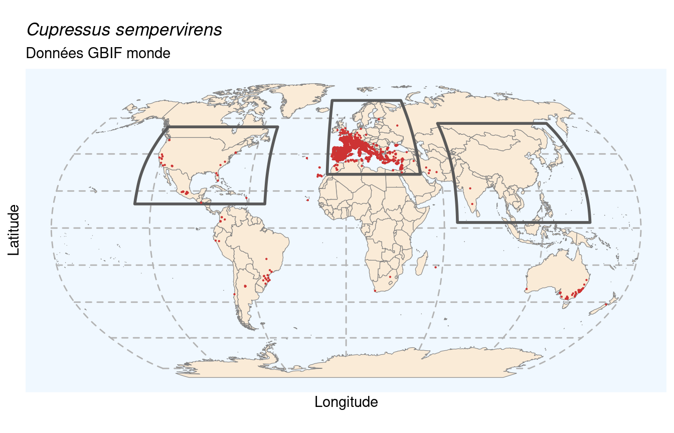 Occurrences de Cupressus sempervirens dans le monde.