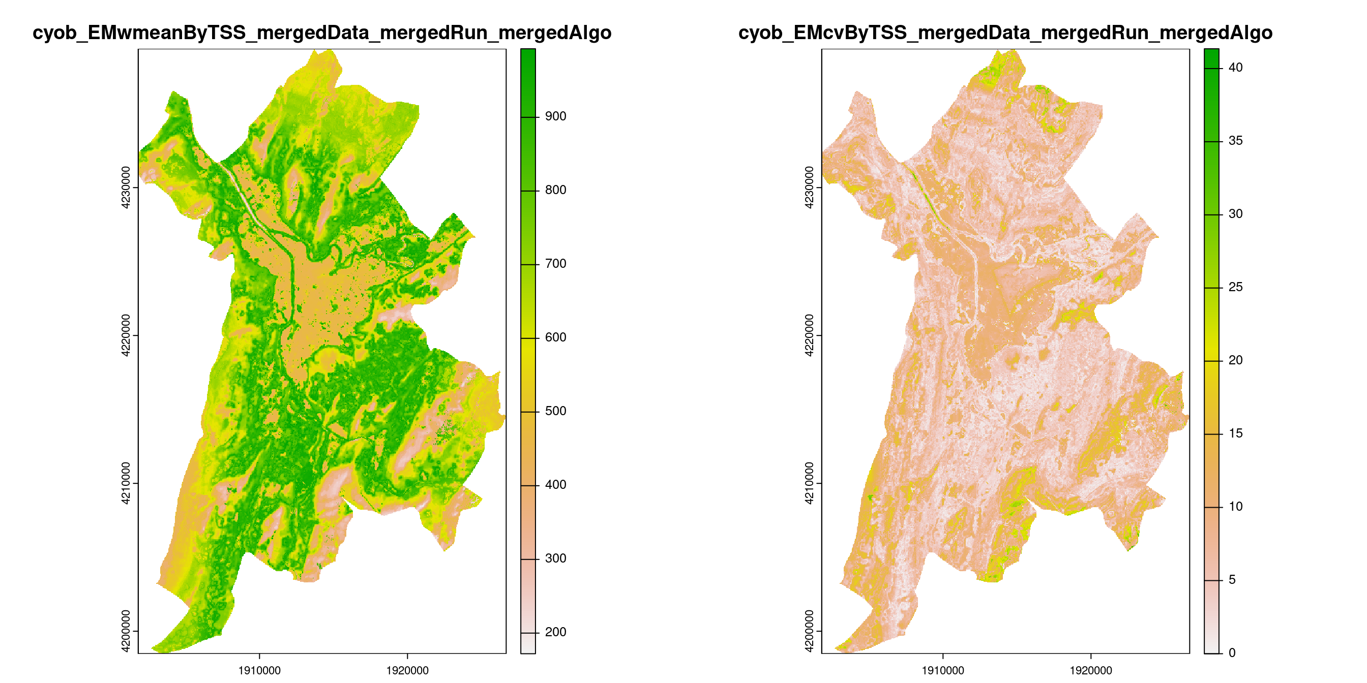 A) Projection de la distribution potentielle contemporaine (modèle d'ensemble) sur la métropole de Grenoble ; B) Incertitude associée à la projection.