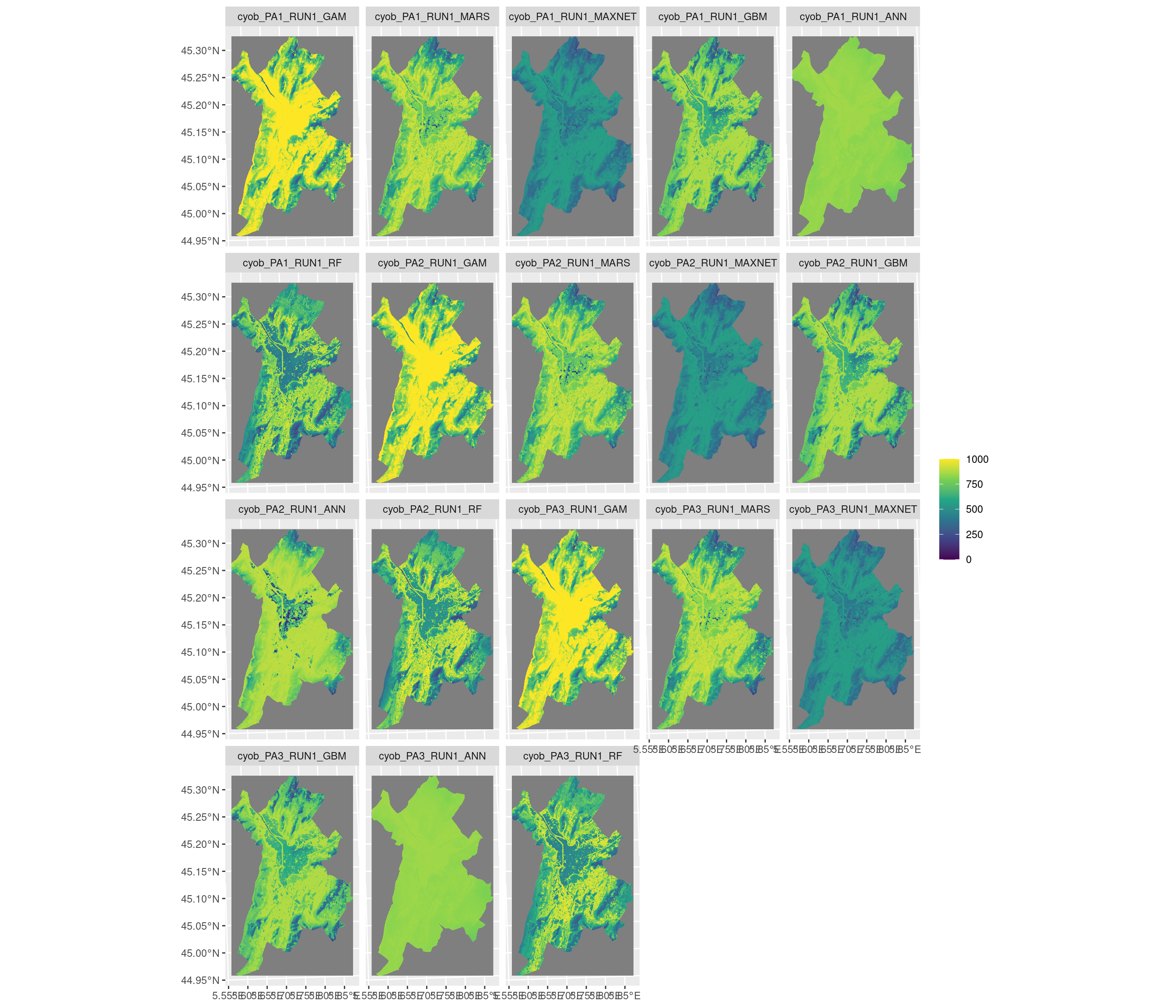 Projection de la distribution potentielle contemporaine sur la métropole de Grenoble, selon les 6 algorithmes et les 3 runs.
