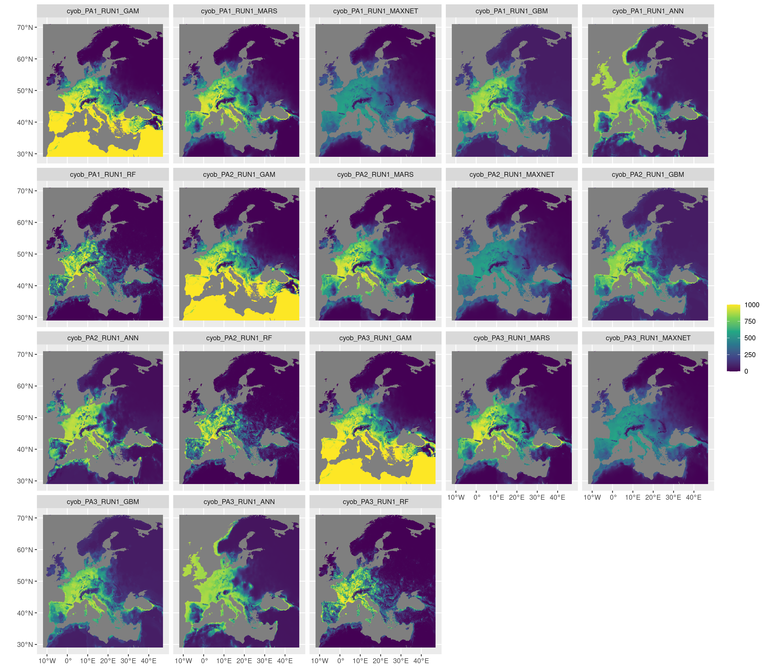 Projection de la distribution potentielle contemporaine sur l'Europe, selon les 6 algorithmes et les 3 runs.