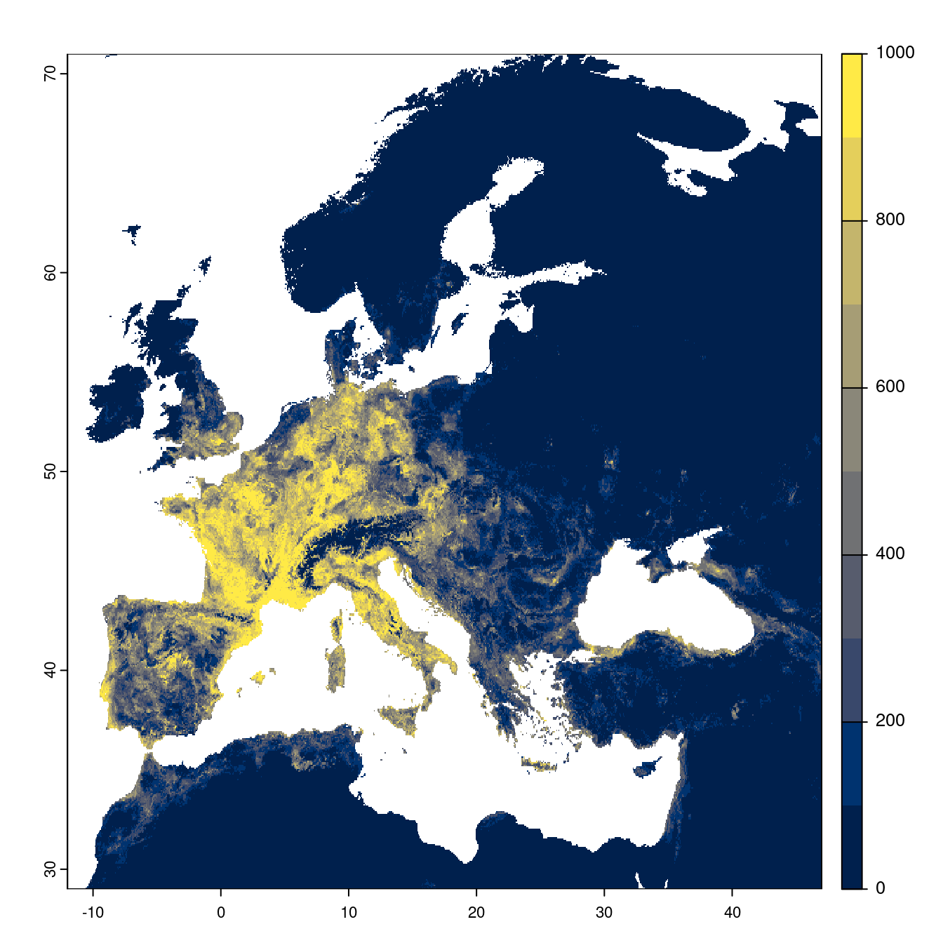 Projection des distributions potentielles futures jusqu'à l'horizon 2100 sous le scénario SSP2-4.5 (modèle d'ensemble).