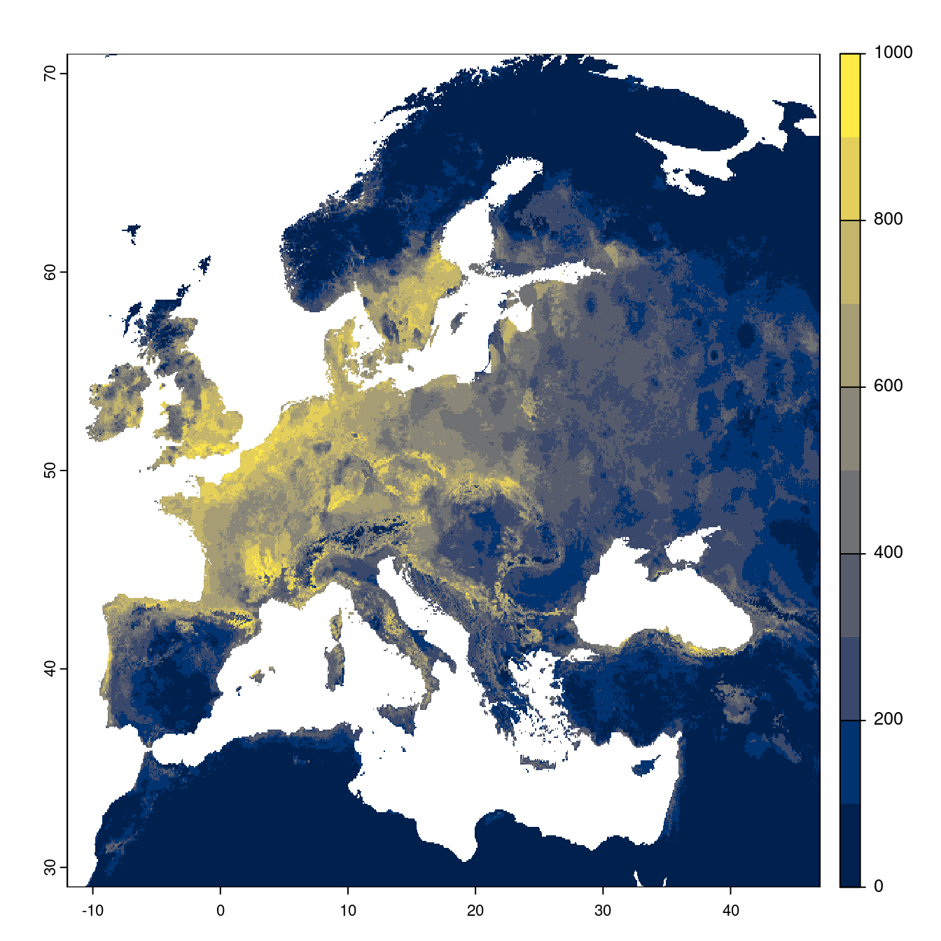 Projection des distributions potentielles futures jusqu'à l'horizon 2100 sous le scénario SSP5-8.5 (modèle d'ensemble).