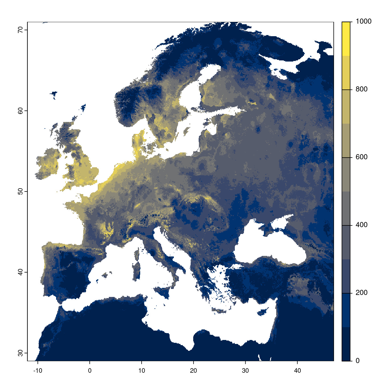 Projection des distributions potentielles futures jusqu'à l'horizon 2100 sous le scénario SSP5-8.5 (modèle d'ensemble).