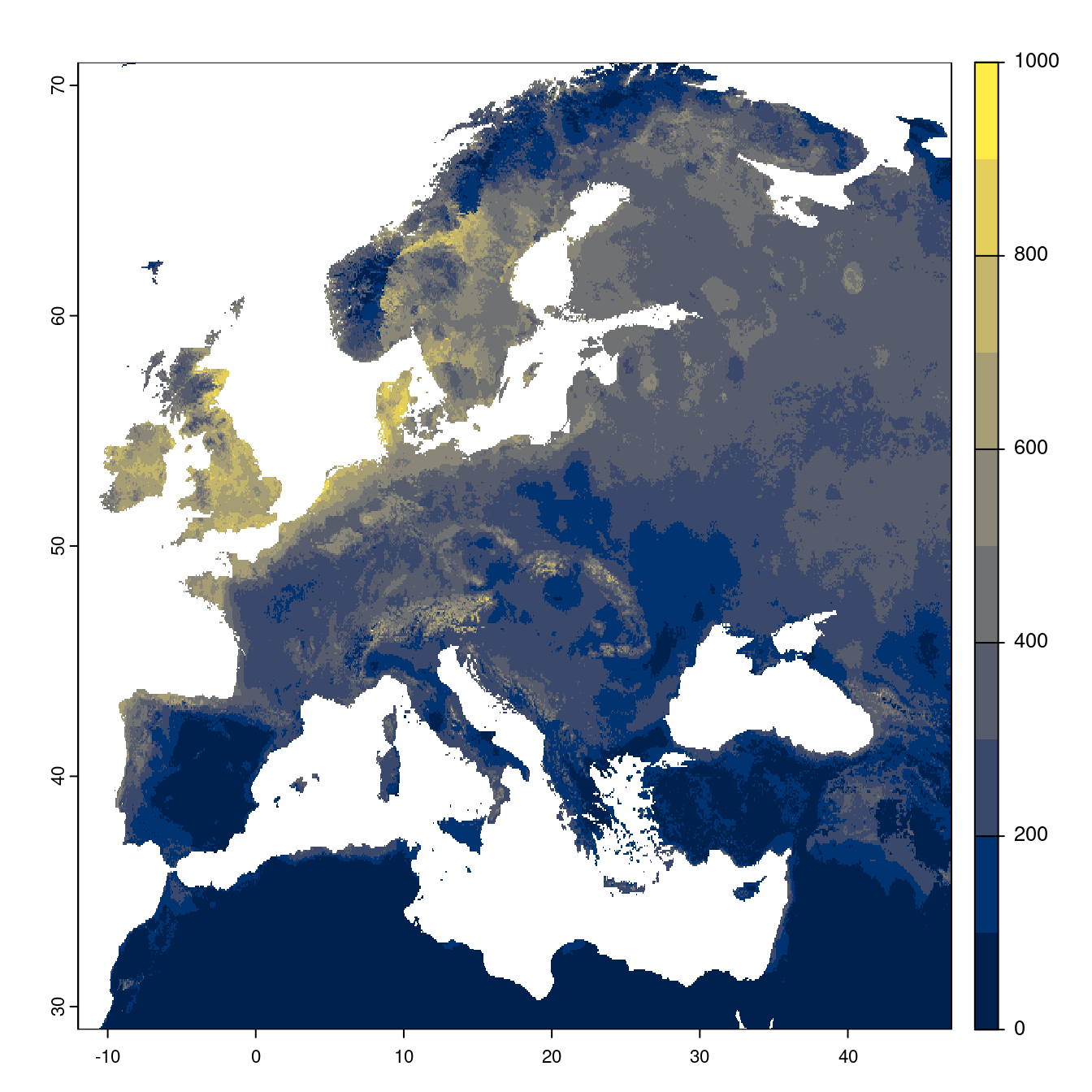 Projection des distributions potentielles futures jusqu'à l'horizon 2100 sous le scénario SSP5-8.5 (modèle d'ensemble).