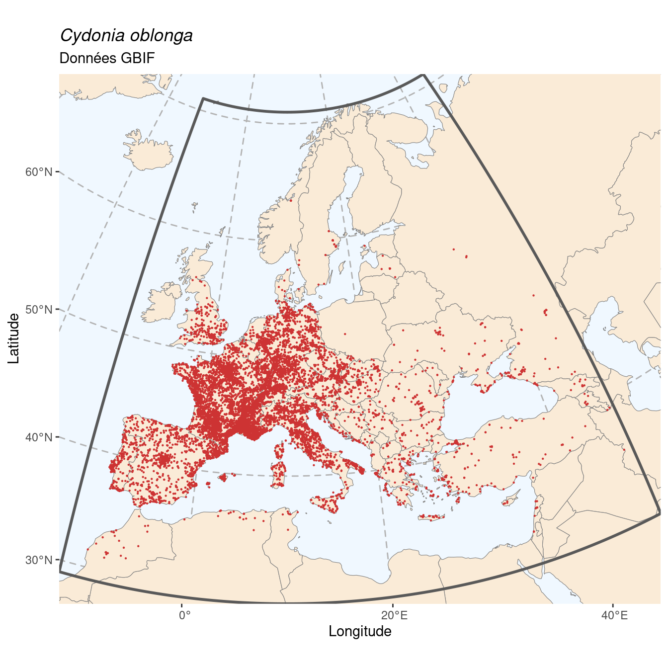 Occurrence de Cydonia oblonga dans la région d'endémisme.