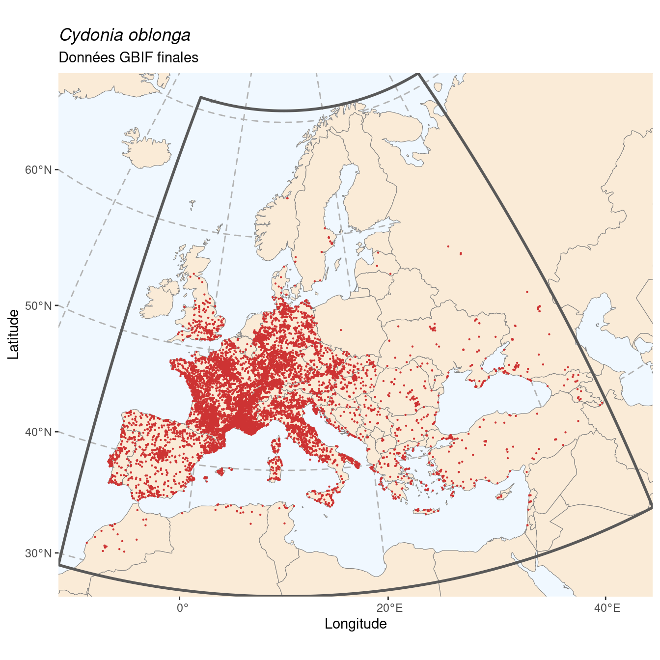 Occurrence de Cydonia oblonga dans la région d'endémisme après sous-échantillonnage éventuel.
