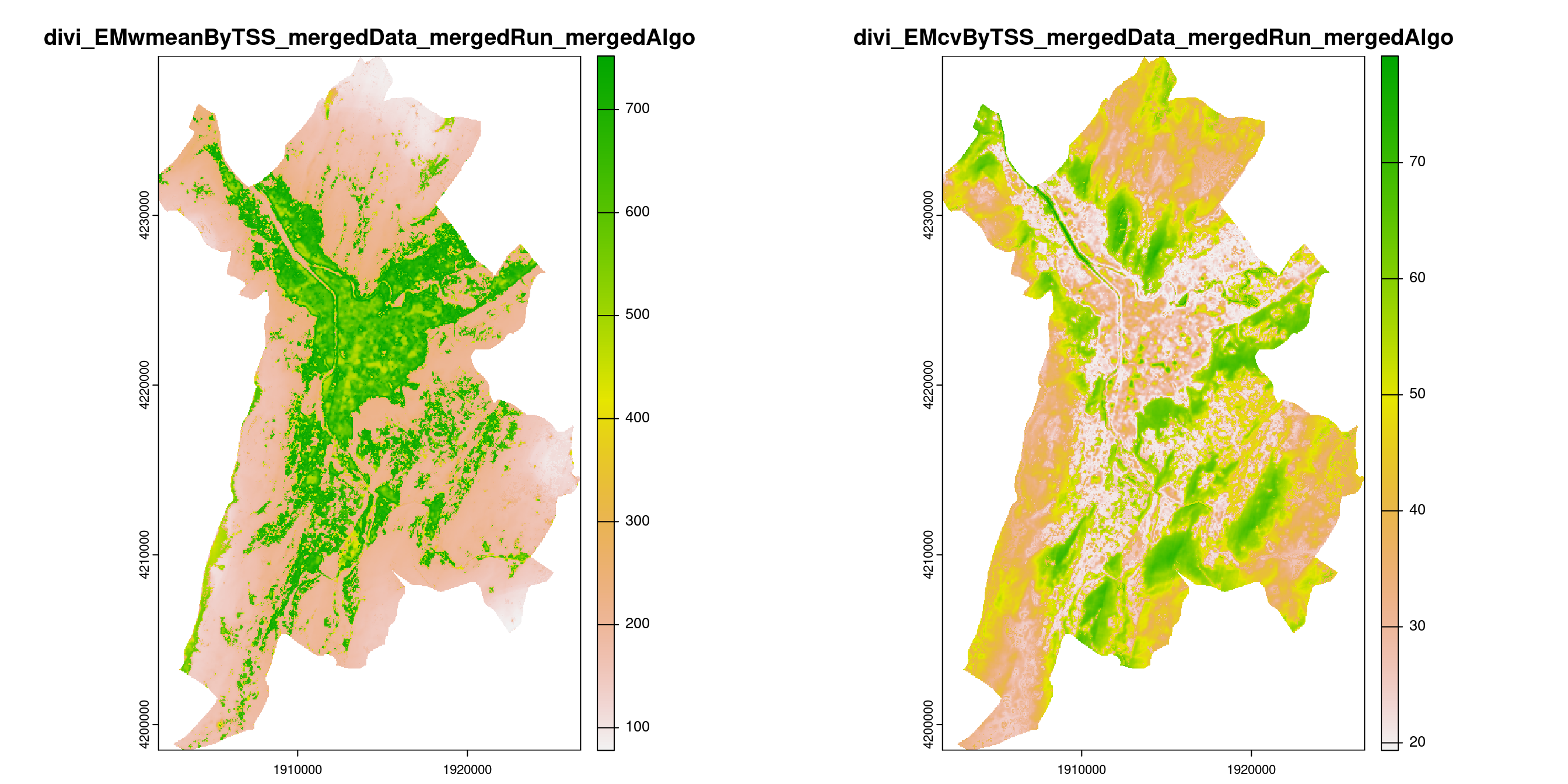 A) Projection de la distribution potentielle contemporaine (modèle d'ensemble) sur la métropole de Grenoble ; B) Incertitude associée à la projection.