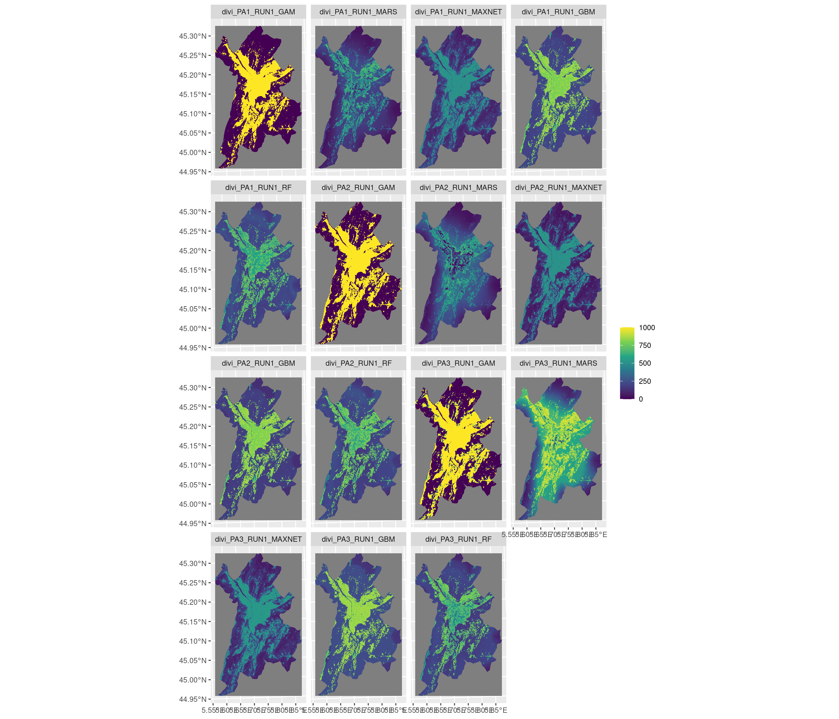Projection de la distribution potentielle contemporaine sur la métropole de Grenoble, selon les 6 algorithmes et les 3 runs.