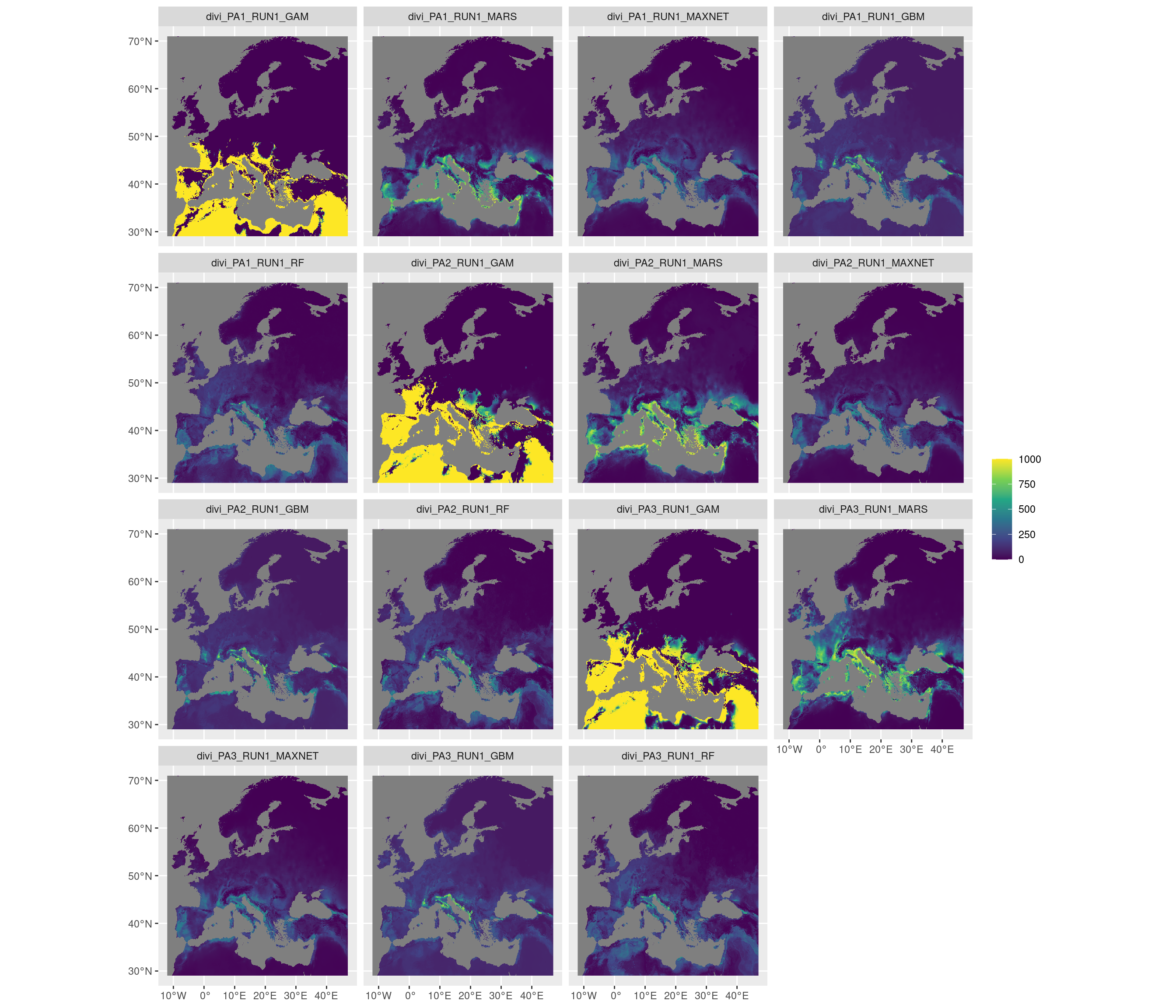 Projection de la distribution potentielle contemporaine sur l'Europe, selon les 6 algorithmes et les 3 runs.