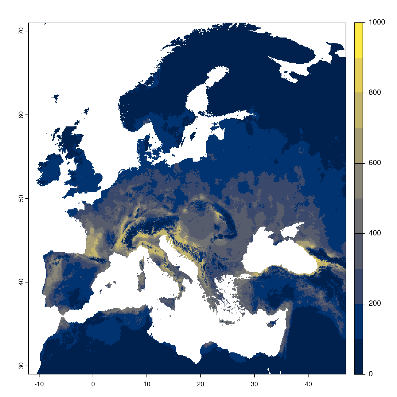 Projection des distributions potentielles futures jusqu'à l'horizon 2100 sous le scénario SSP1-2.6 (modèle d'ensemble).