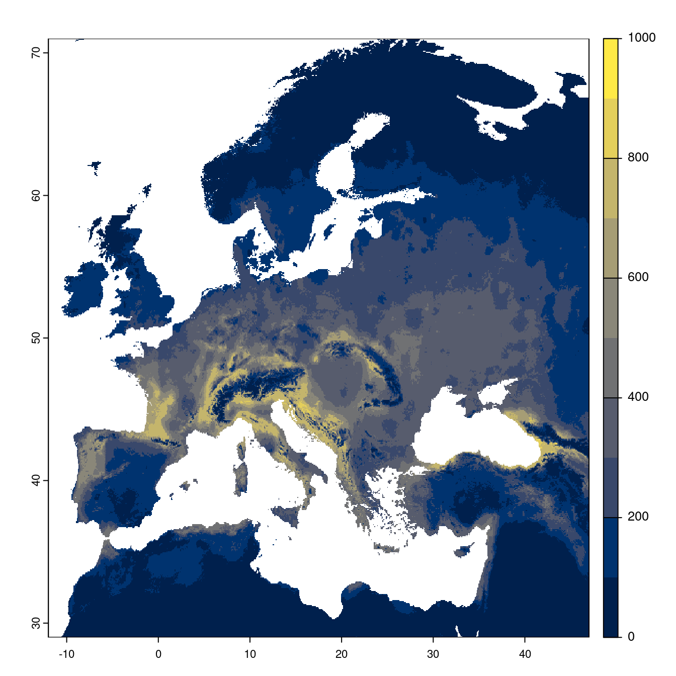 Projection des distributions potentielles futures jusqu'à l'horizon 2100 sous le scénario SSP2-4.5 (modèle d'ensemble).