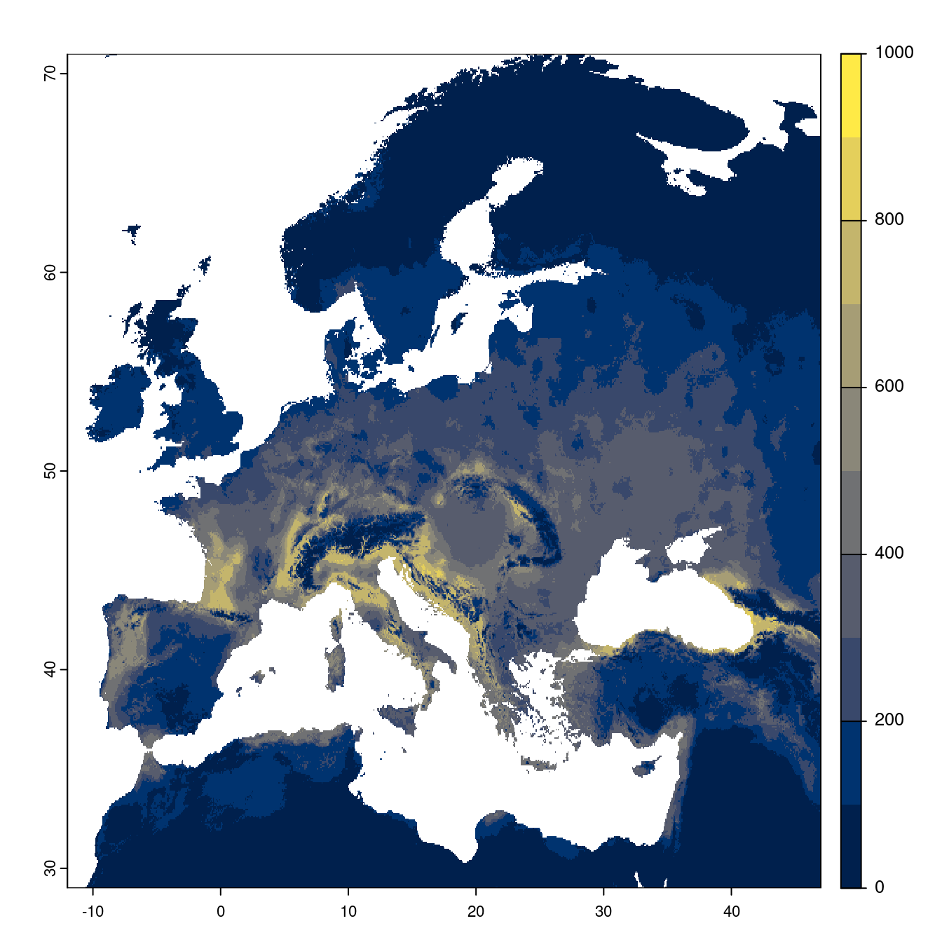 Projection des distributions potentielles futures jusqu'à l'horizon 2100 sous le scénario SSP3-7.0 (modèle d'ensemble).