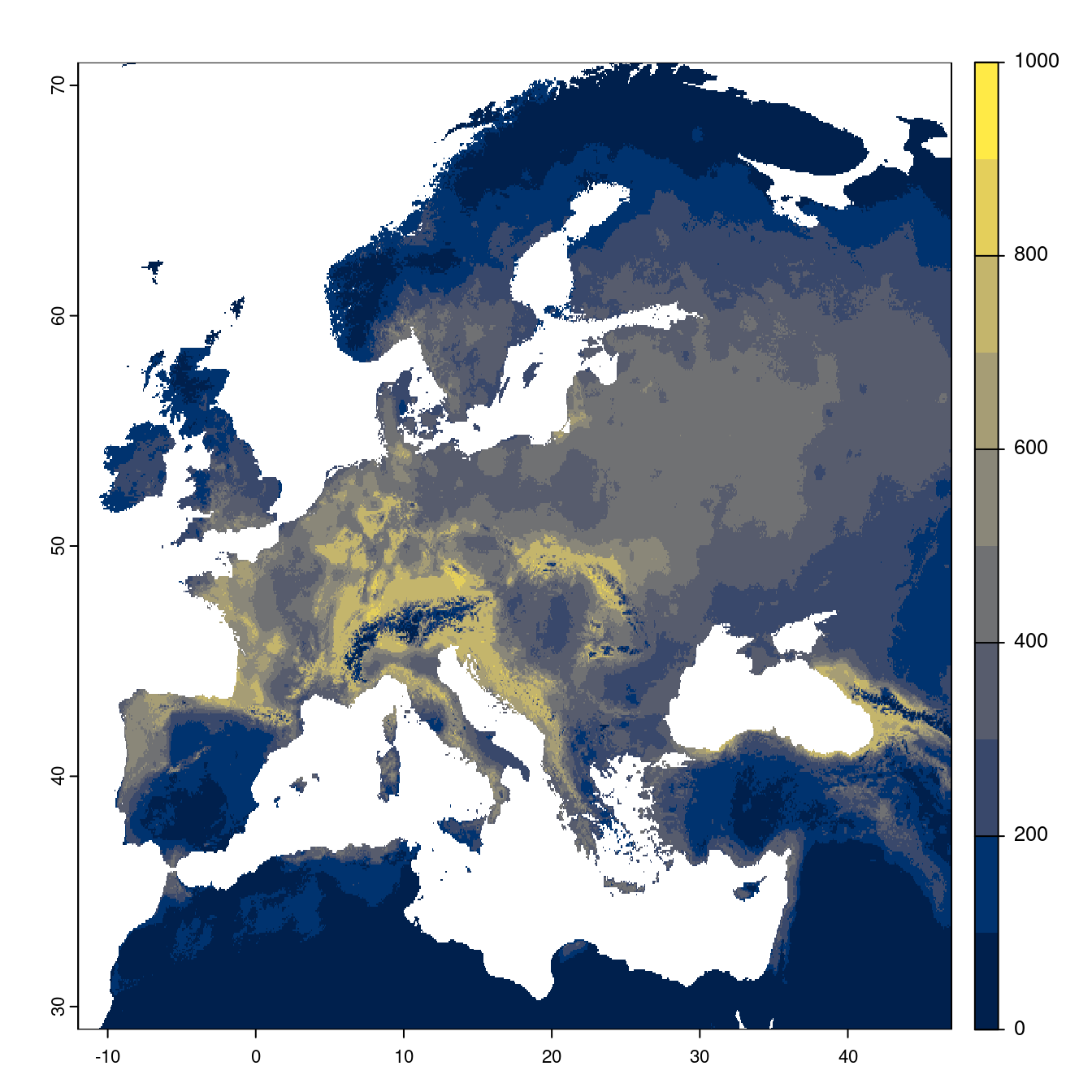 Projection des distributions potentielles futures jusqu'à l'horizon 2100 sous le scénario SSP3-7.0 (modèle d'ensemble).