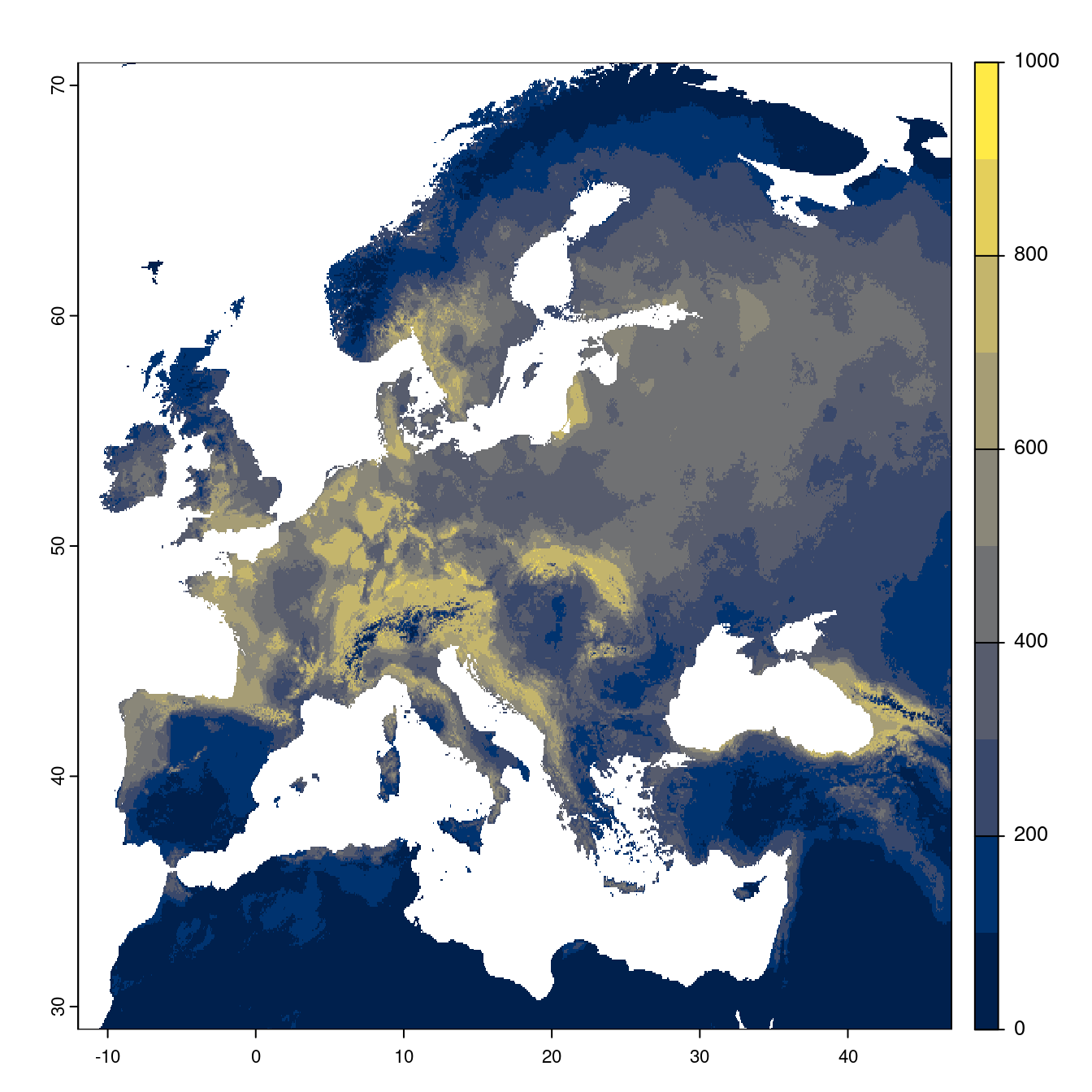 Projection des distributions potentielles futures jusqu'à l'horizon 2100 sous le scénario SSP5-8.5 (modèle d'ensemble).